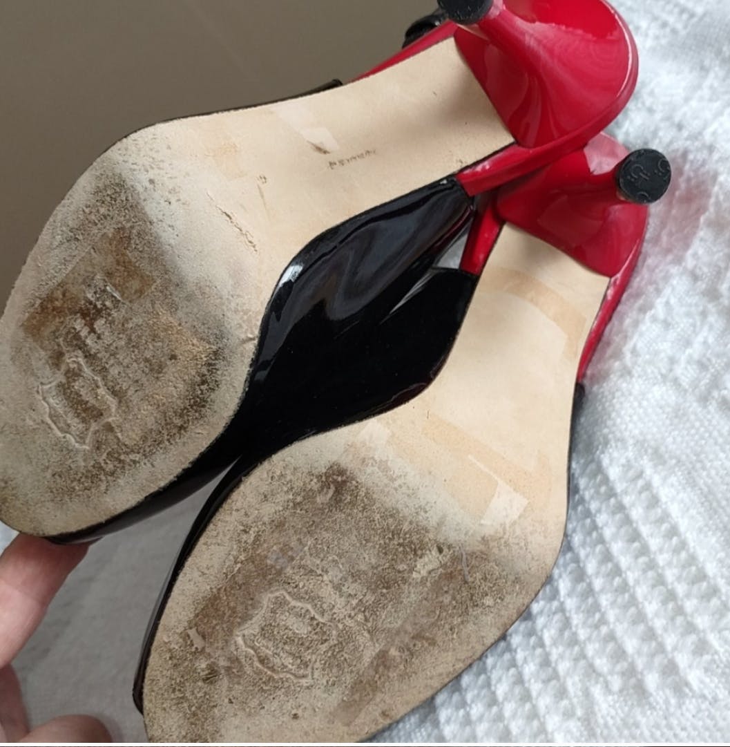 Black Patent Leather Sling Bacl Heels with Red Accents by Stuart Wiseman - Image 4