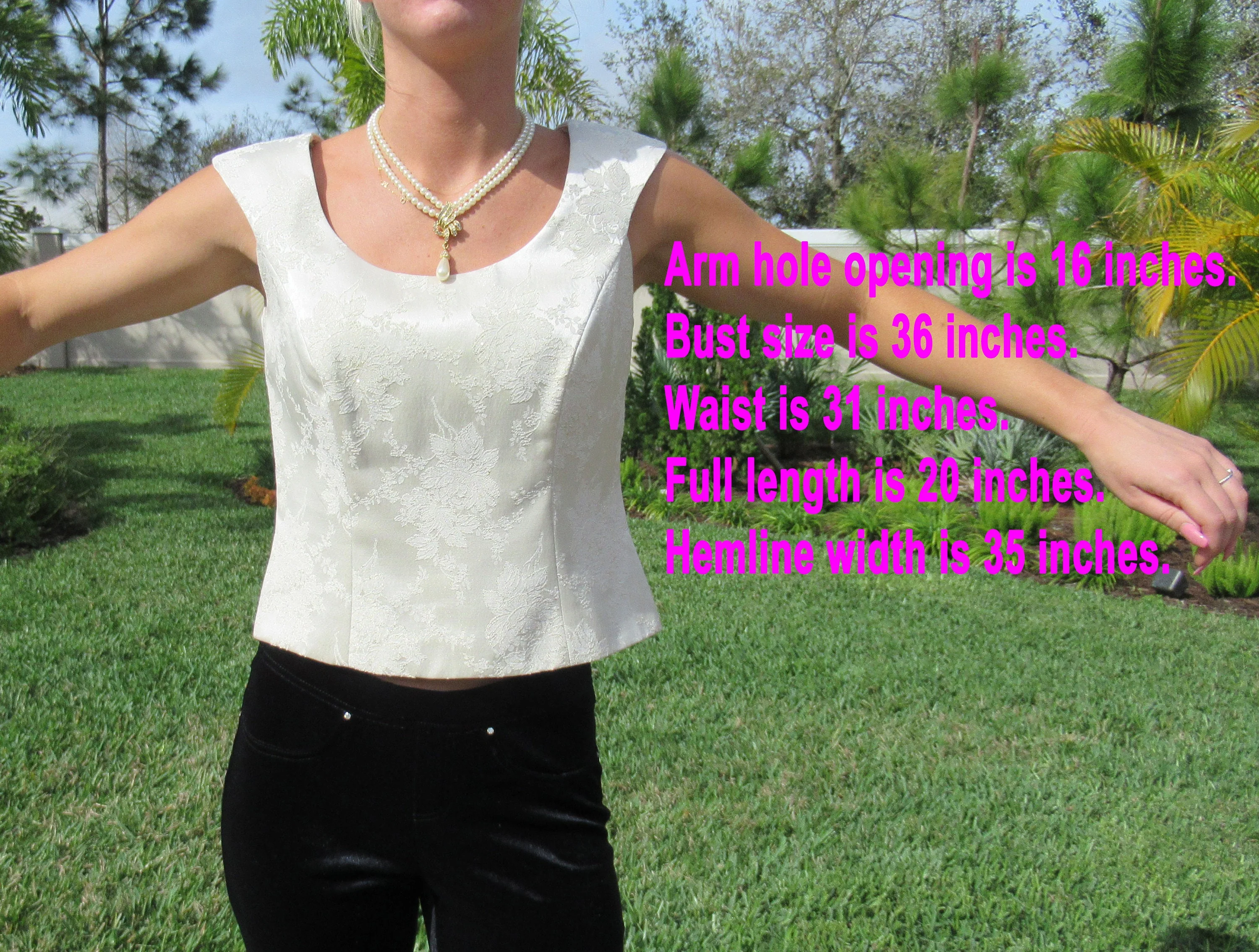 Patra Tank Top Style Blouse Brocade Creamy White Tapered Fit Zip Back Subtle Gold Floral Design Off The Shoulder by Patra - Image 3