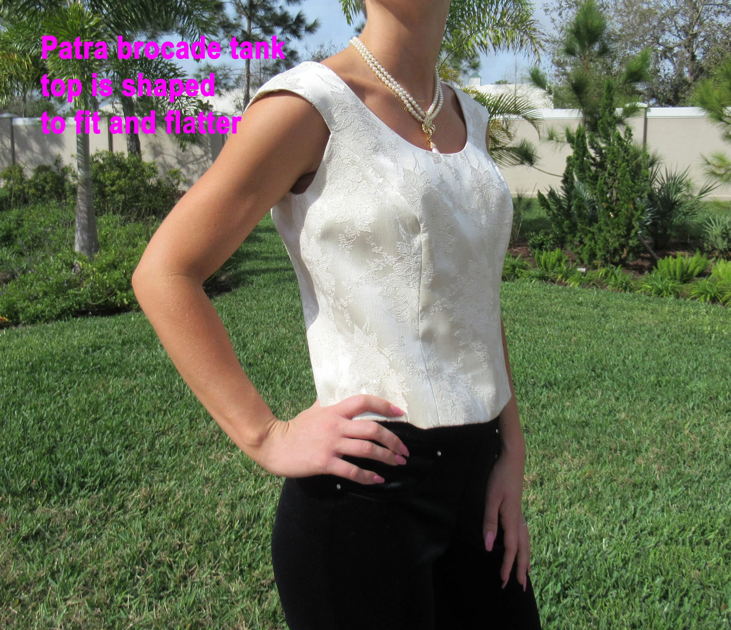 Patra Tank Top Style Blouse Brocade Creamy White Tapered Fit Zip Back Subtle Gold Floral Design Off The Shoulder by Patra - Image 5