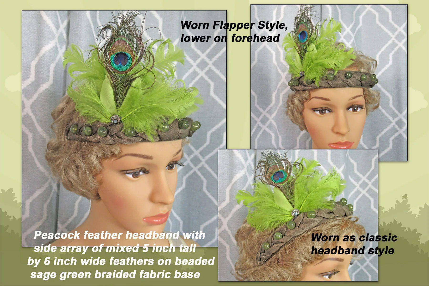 Peacock Feather Headband Side Array of Mixed 5 Inch Tall by 6 Inch Wide Feathers On Beaded Sage Green Braided Fabric Base Flapper Style - Image 3