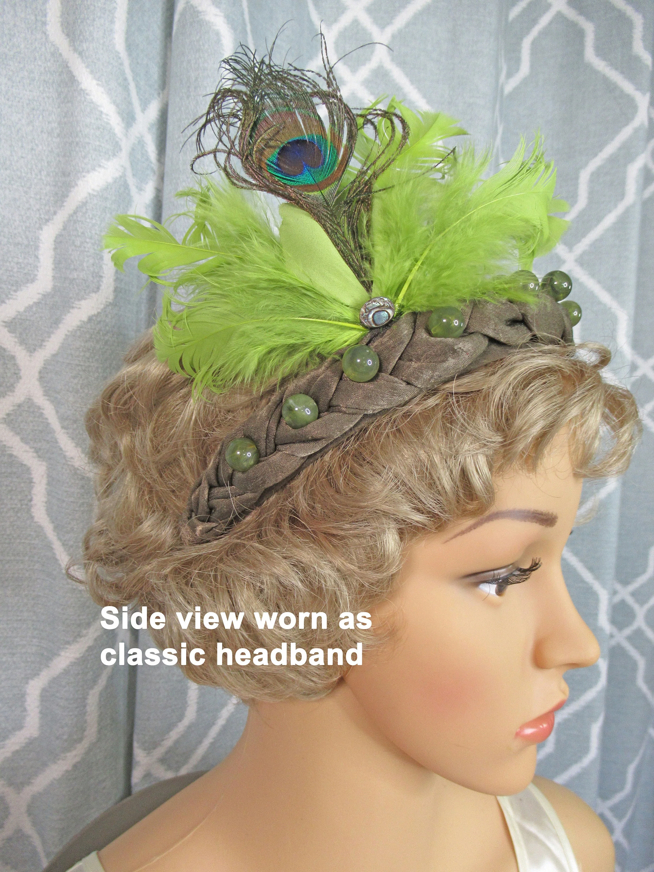 Peacock Feather Headband Side Array of Mixed 5 Inch Tall by 6 Inch Wide Feathers On Beaded Sage Green Braided Fabric Base Flapper Style - Image 6