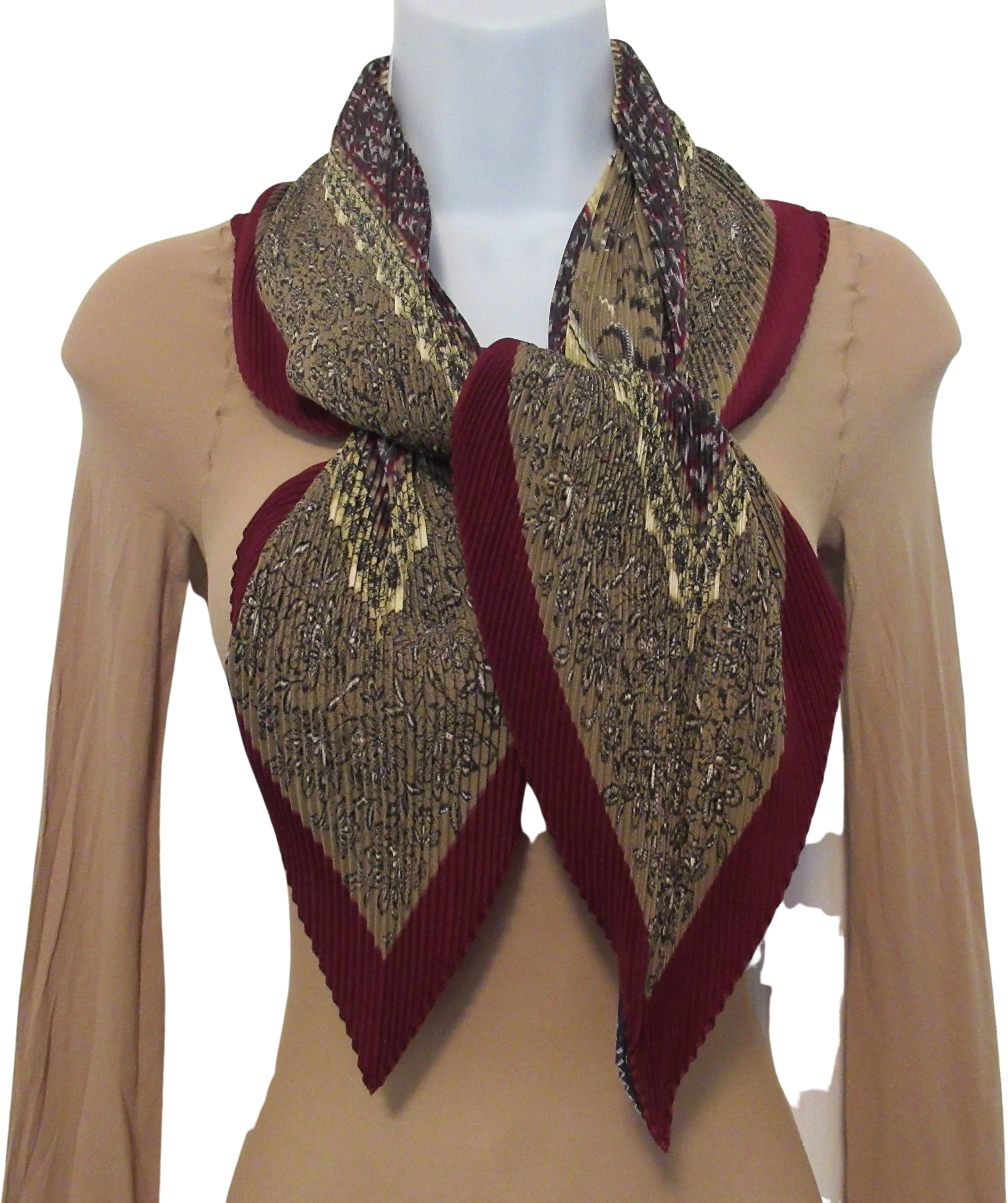 Permanently Pleated Scarf Unique Stretch Diamond Shape Polyester Brown Burgundy Taupe Black Vintage Bonus Scarf Donuts