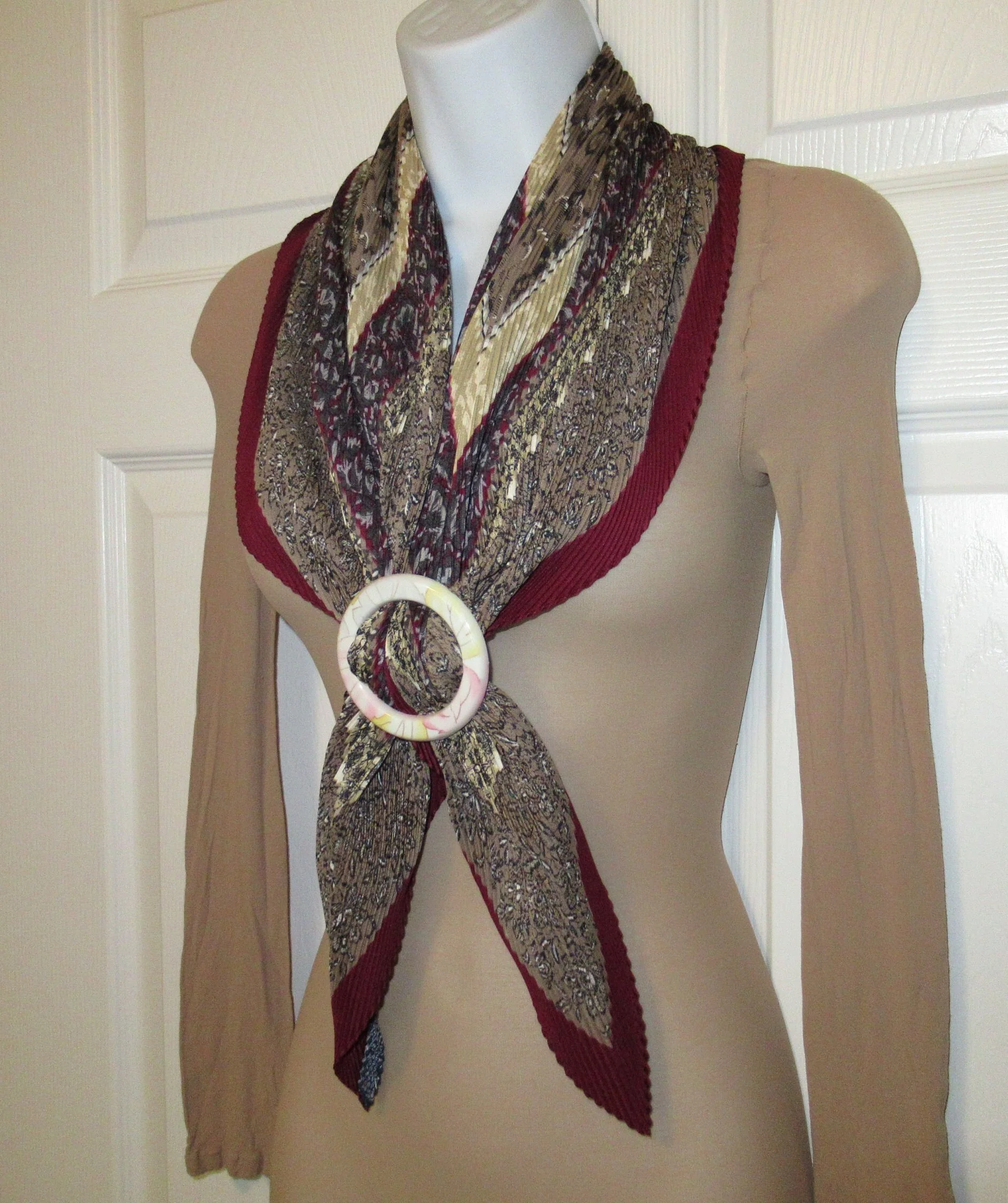 Permanently Pleated Scarf Unique Stretch Diamond Shape Polyester Brown Burgundy Taupe Black Vintage Bonus Scarf Donuts - Image 7