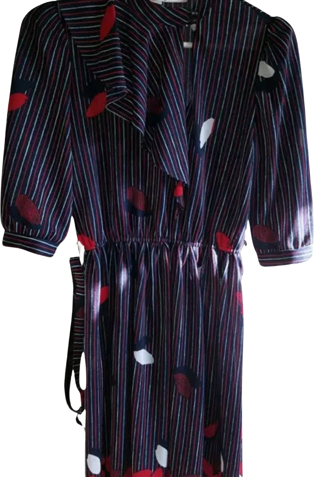 Petite 70s Vintage Red White Blue Ruffles Stripe Belted Midi Dress Large by Sally