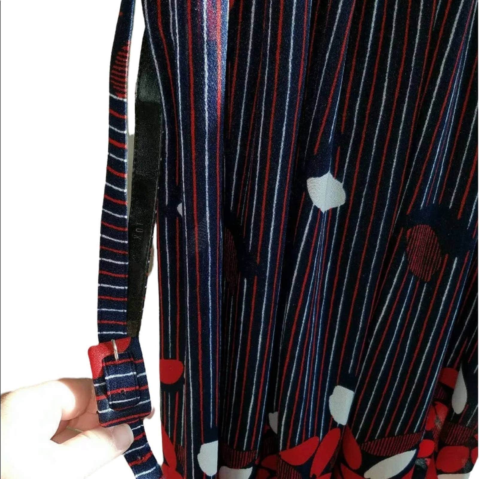 Petite 70s Vintage Red White Blue Ruffles Stripe Belted Midi Dress Large by Sally - Image 6