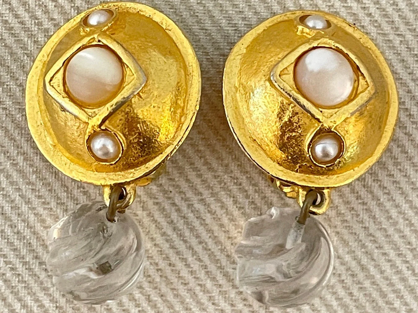 Petite Etruscan Statement Earrings with Lucite Accents and Faux Seed Pearls by Monet - Image 2