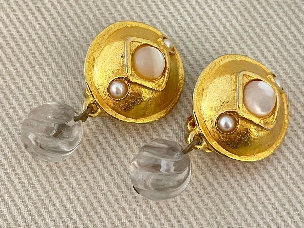 Petite Etruscan Statement Earrings with Lucite Accents and Faux Seed Pearls by Monet - Image 3