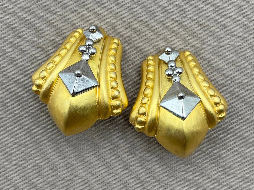 Petite Etruscan Two Tone Clip On Statement Earrings - Image 4