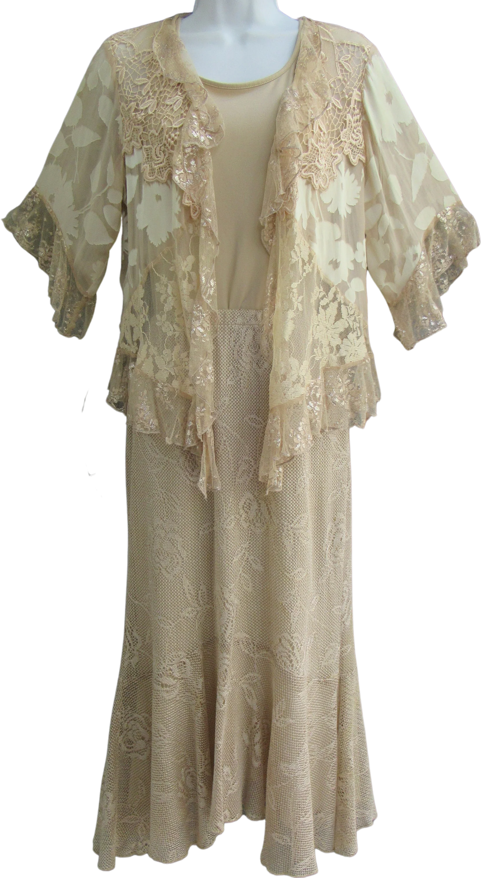 Petite Med Two Piece Set Skirt and Robe Top, Bonus Tank, Spencer Alexis, Gold/beige Lace Jacket, Elastic Waist Gold Lace Skirt, Made Usa, Vtg