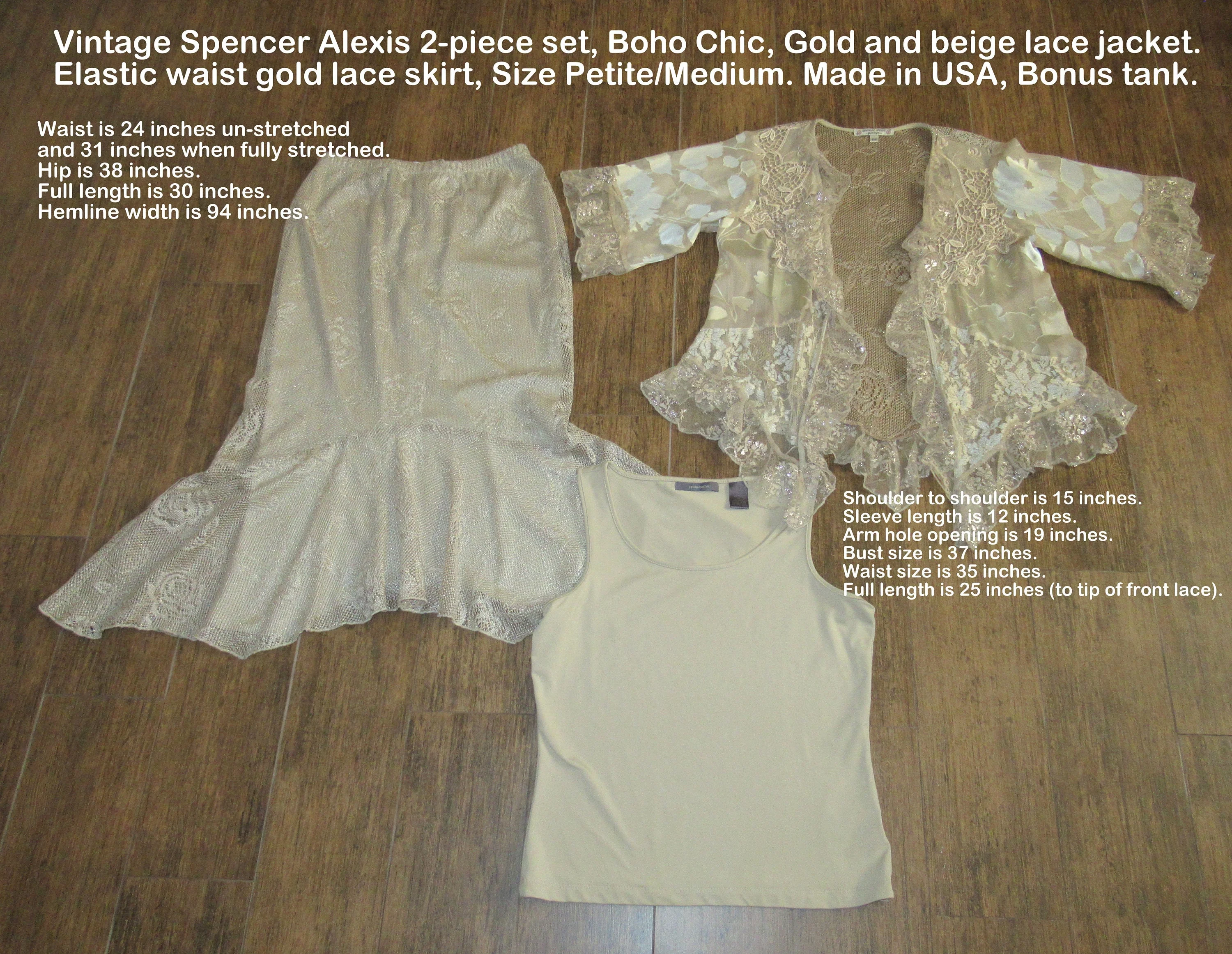 Petite Med Two Piece Set Skirt and Robe Top, Bonus Tank, Spencer Alexis, Gold/beige Lace Jacket, Elastic Waist Gold Lace Skirt, Made Usa, Vtg - Image 3