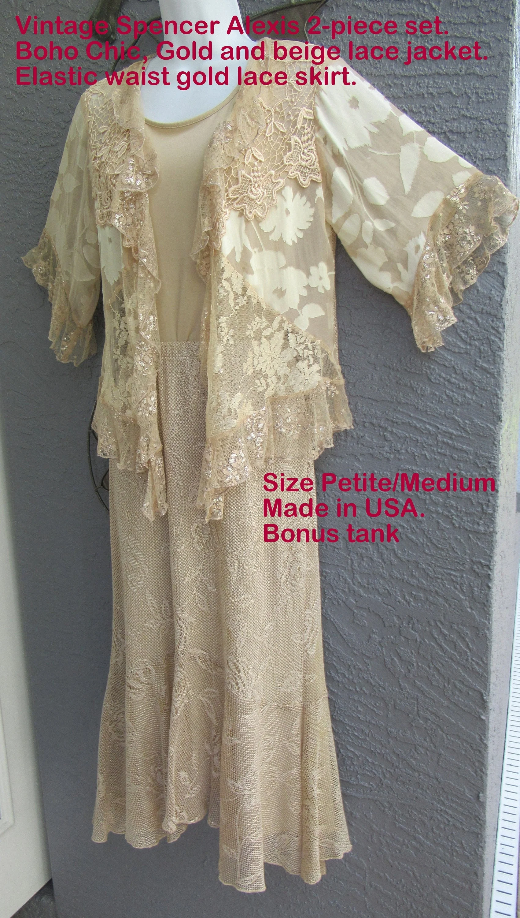 Petite Med Two Piece Set Skirt and Robe Top, Bonus Tank, Spencer Alexis, Gold/beige Lace Jacket, Elastic Waist Gold Lace Skirt, Made Usa, Vtg - Image 4