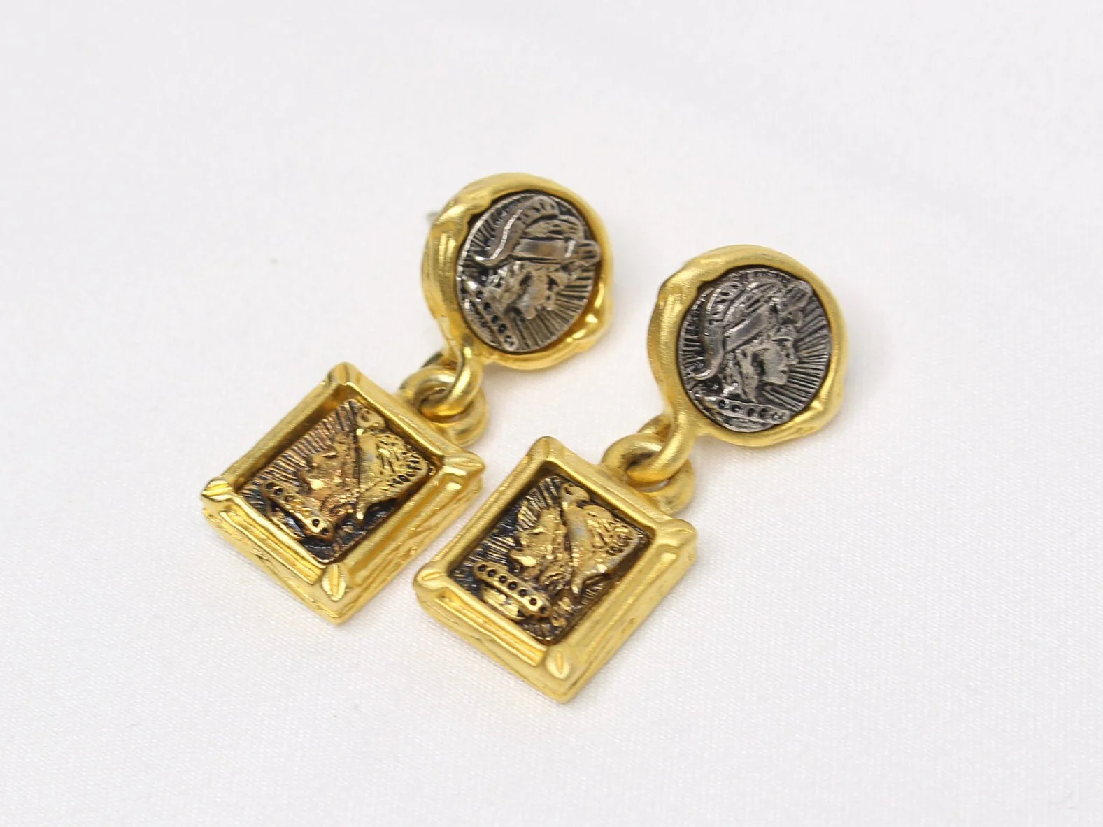 Petite Roman Coin Dangling Statement Earrings Greek Revival Classic Etruscan Mixed Metal - Image 3