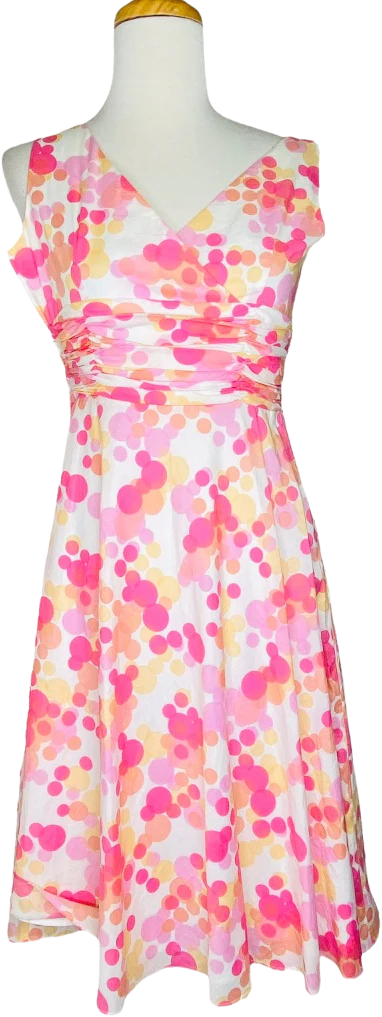 Petites Dress Sz 2 Pink Polka Dot Ruched A-Line Lined V-Neck by Maggy London