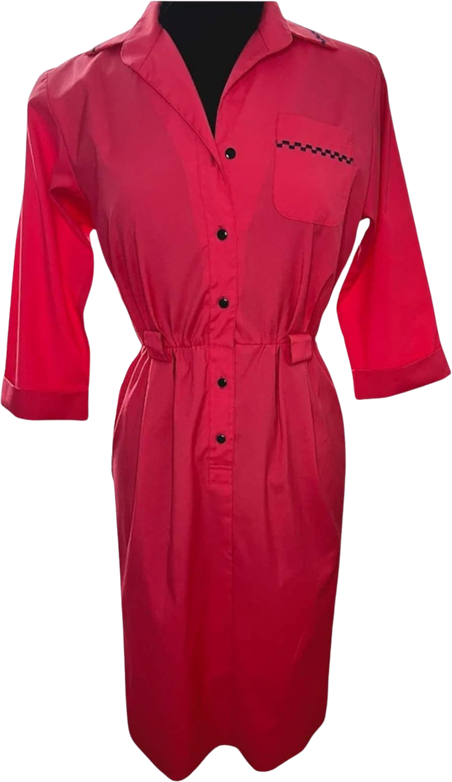 Petites Vintage Hot Pink Magenta 80s Does 60s Sheath Cotton Dress Checked Embroidery Size 6 Small