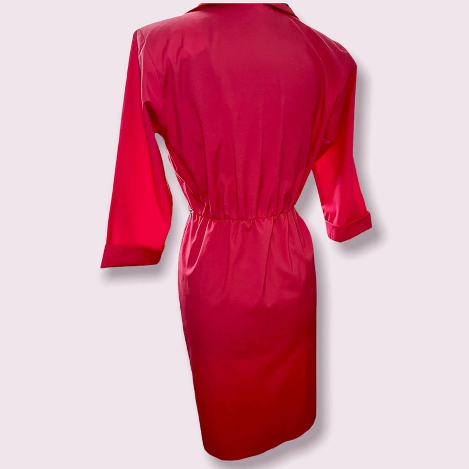 Petites Vintage Hot Pink Magenta 80s Does 60s Sheath Cotton Dress Checked Embroidery Size 6 Small - Image 2