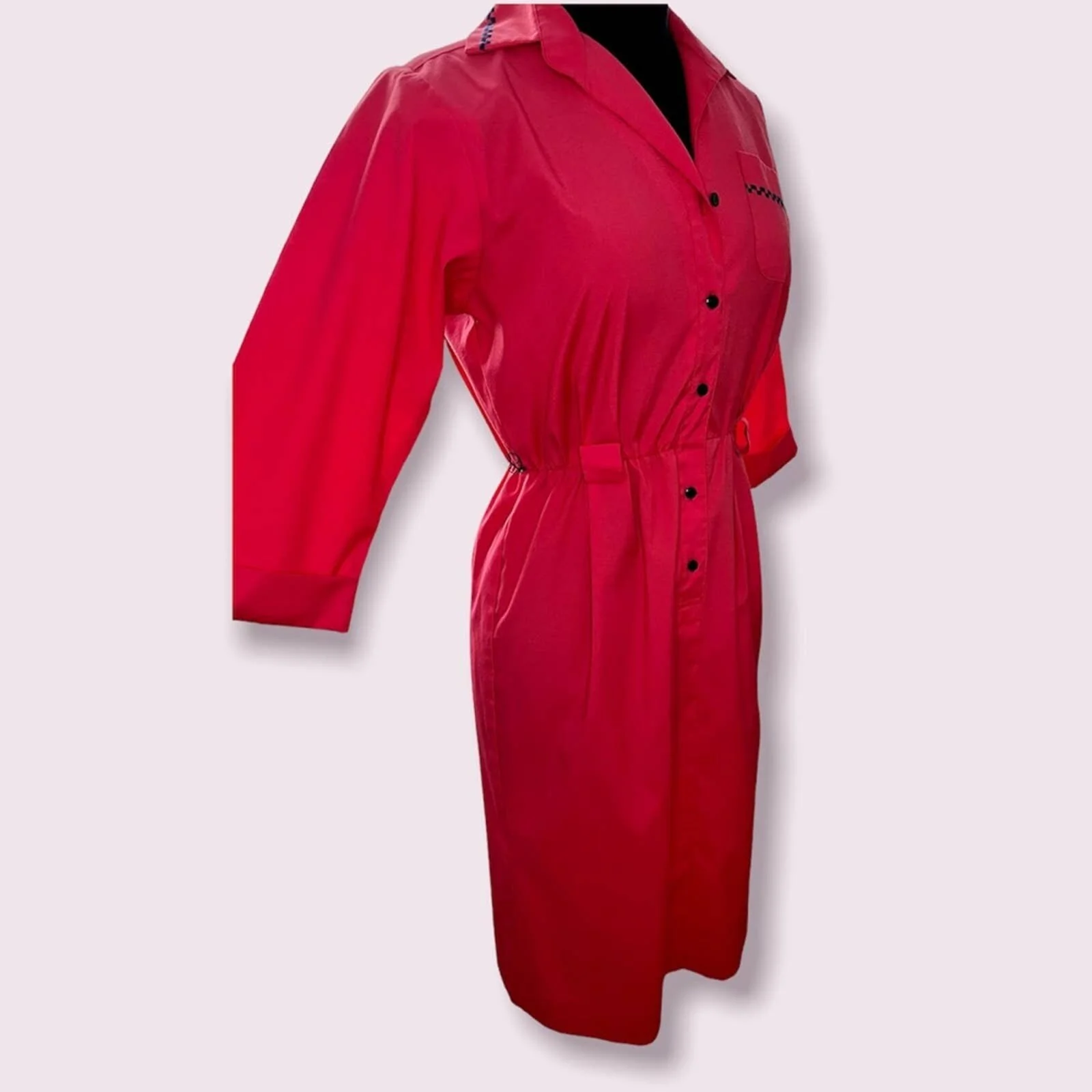 Petites Vintage Hot Pink Magenta 80s Does 60s Sheath Cotton Dress Checked Embroidery Size 6 Small - Image 6