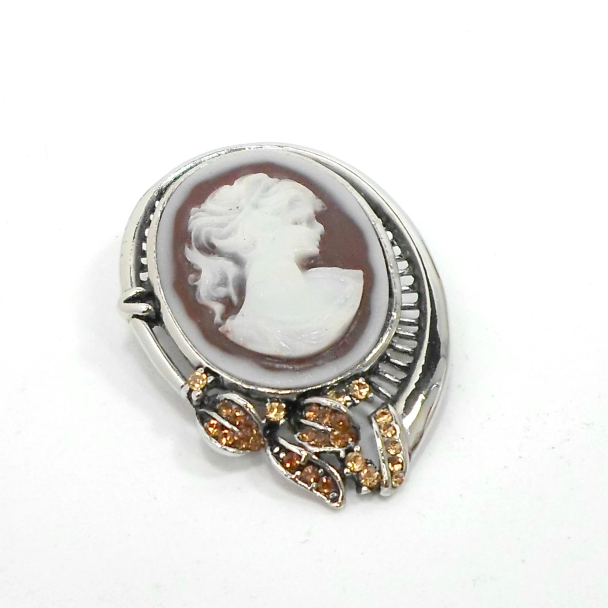 Pin Pendant Brown Cameo Yellow Rhinestone Brooch - Image 3