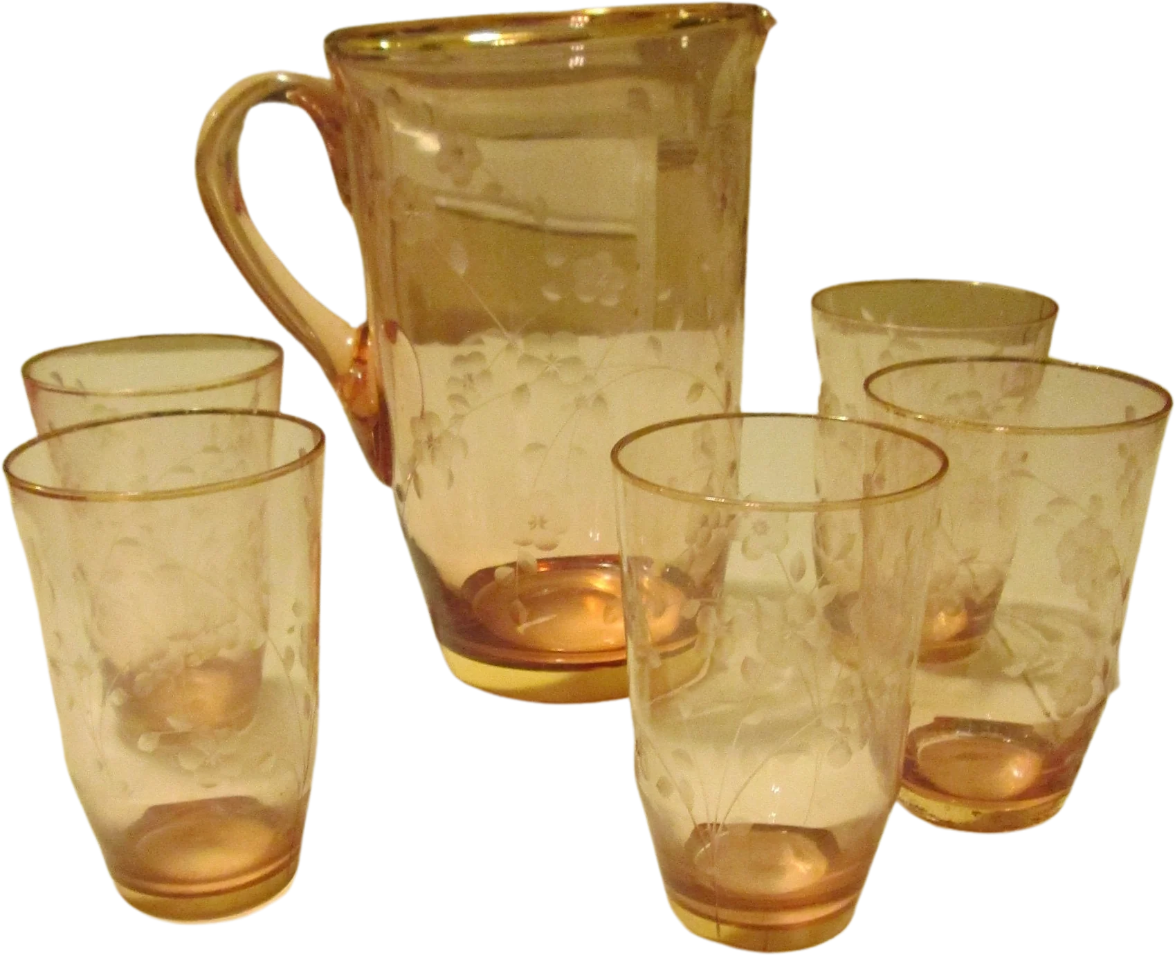 Pink Depression Style Pitcher 5 Glasses Etched Flowers Gold Trim
