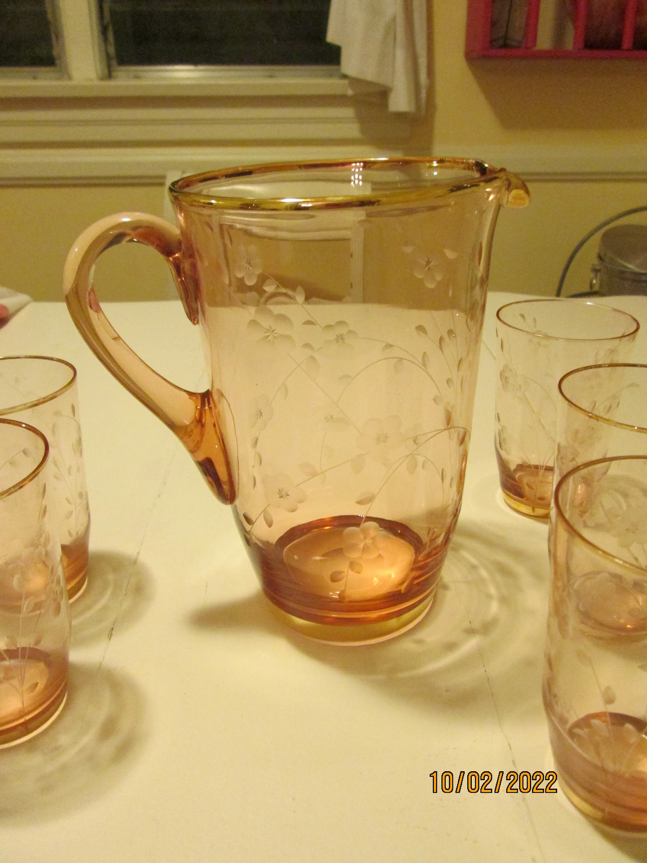 Pink Depression Style Pitcher 5 Glasses Etched Flowers Gold Trim - Image 4