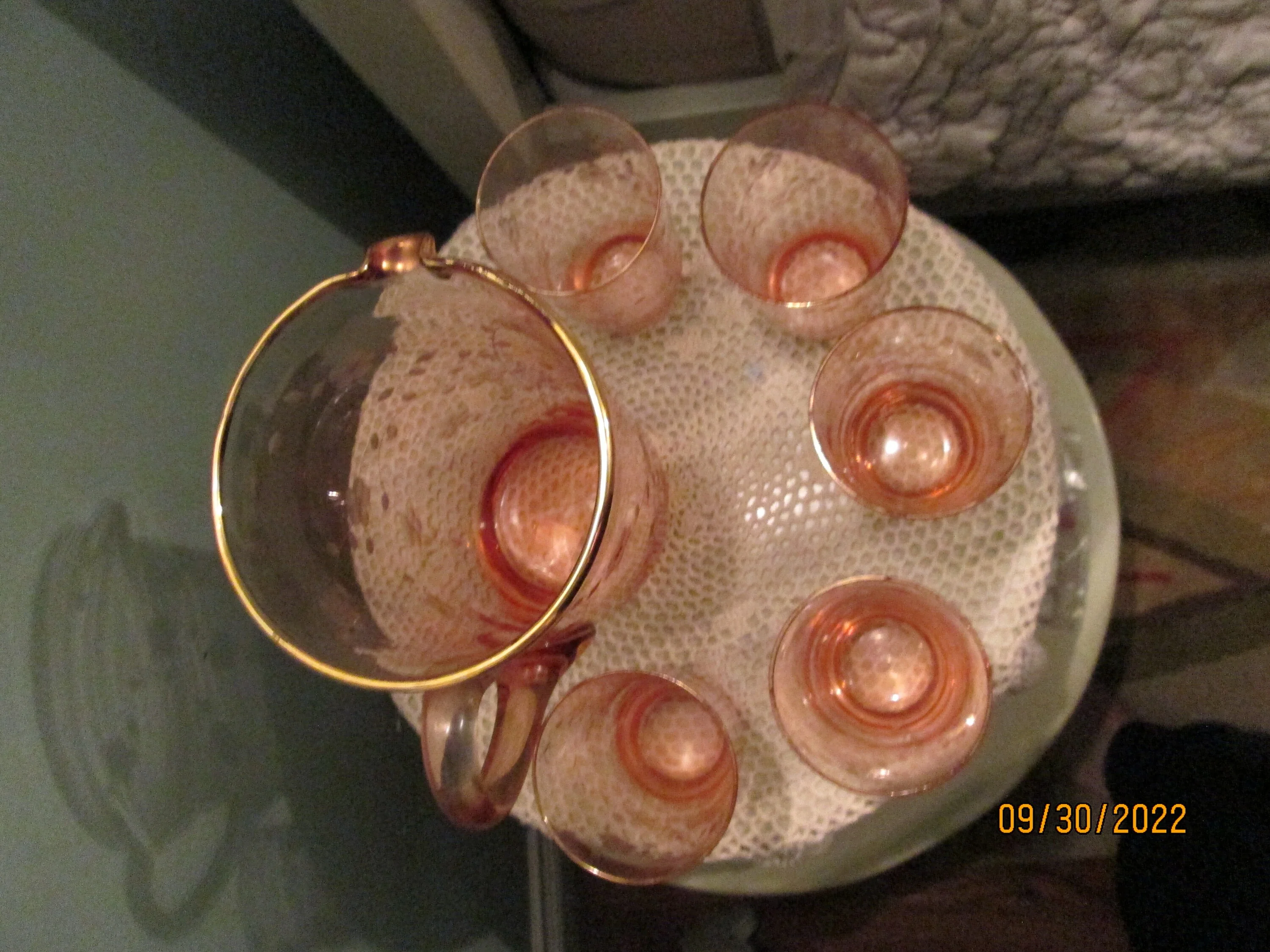 Pink Depression Style Pitcher 5 Glasses Etched Flowers Gold Trim - Image 8