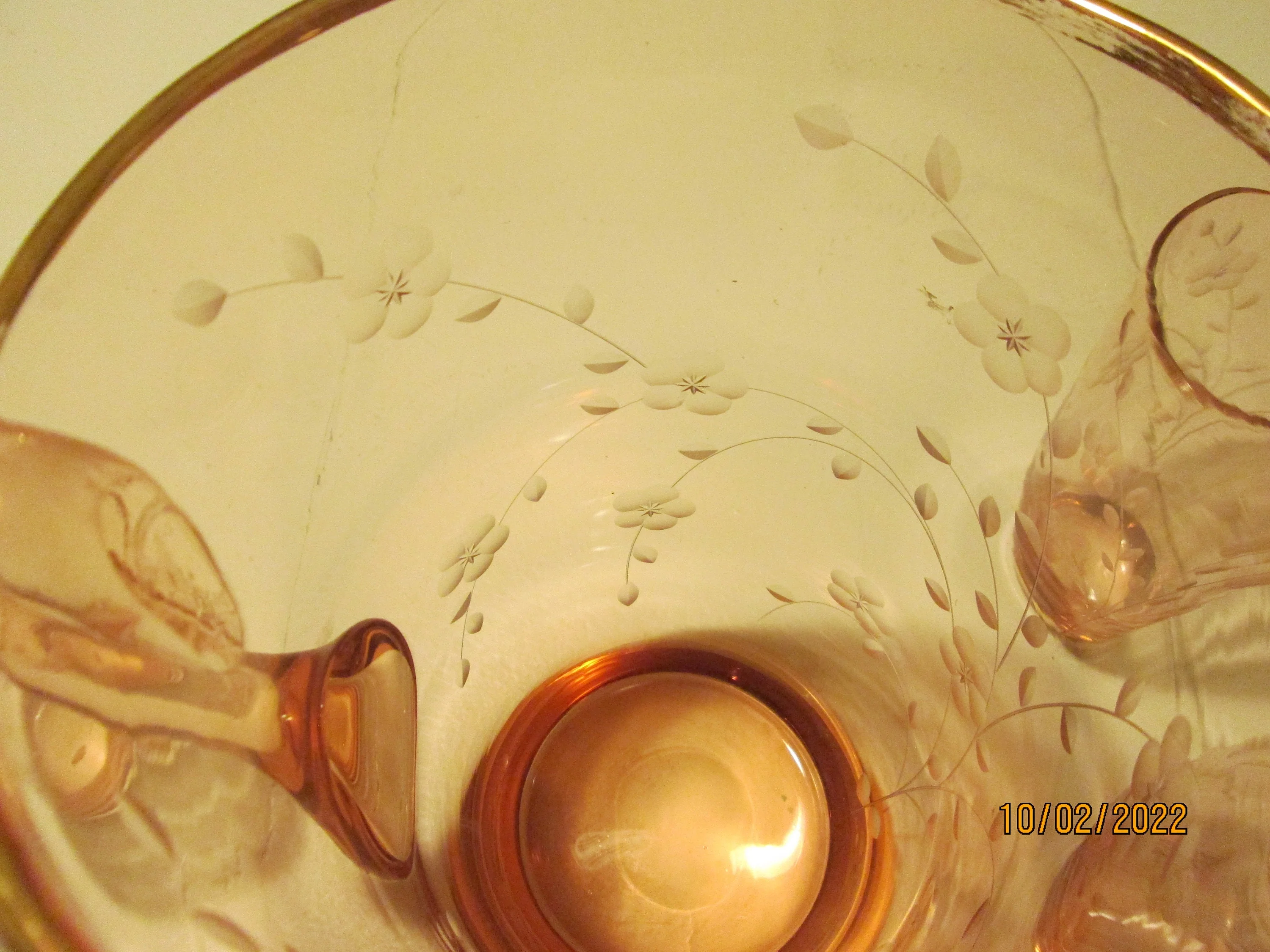 Pink Depression Style Pitcher 5 Glasses Etched Flowers Gold Trim - Image 9