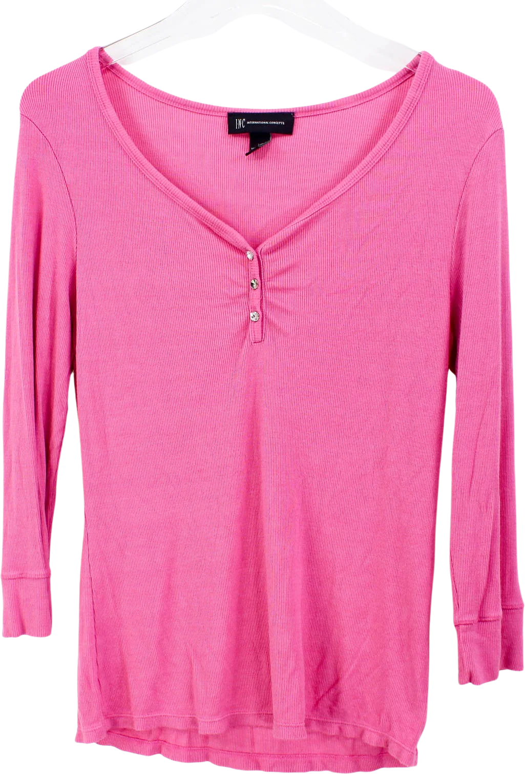 Pink Long Sleeve Vintage 00s Ribbed Henley Blouse by INC International Concepts