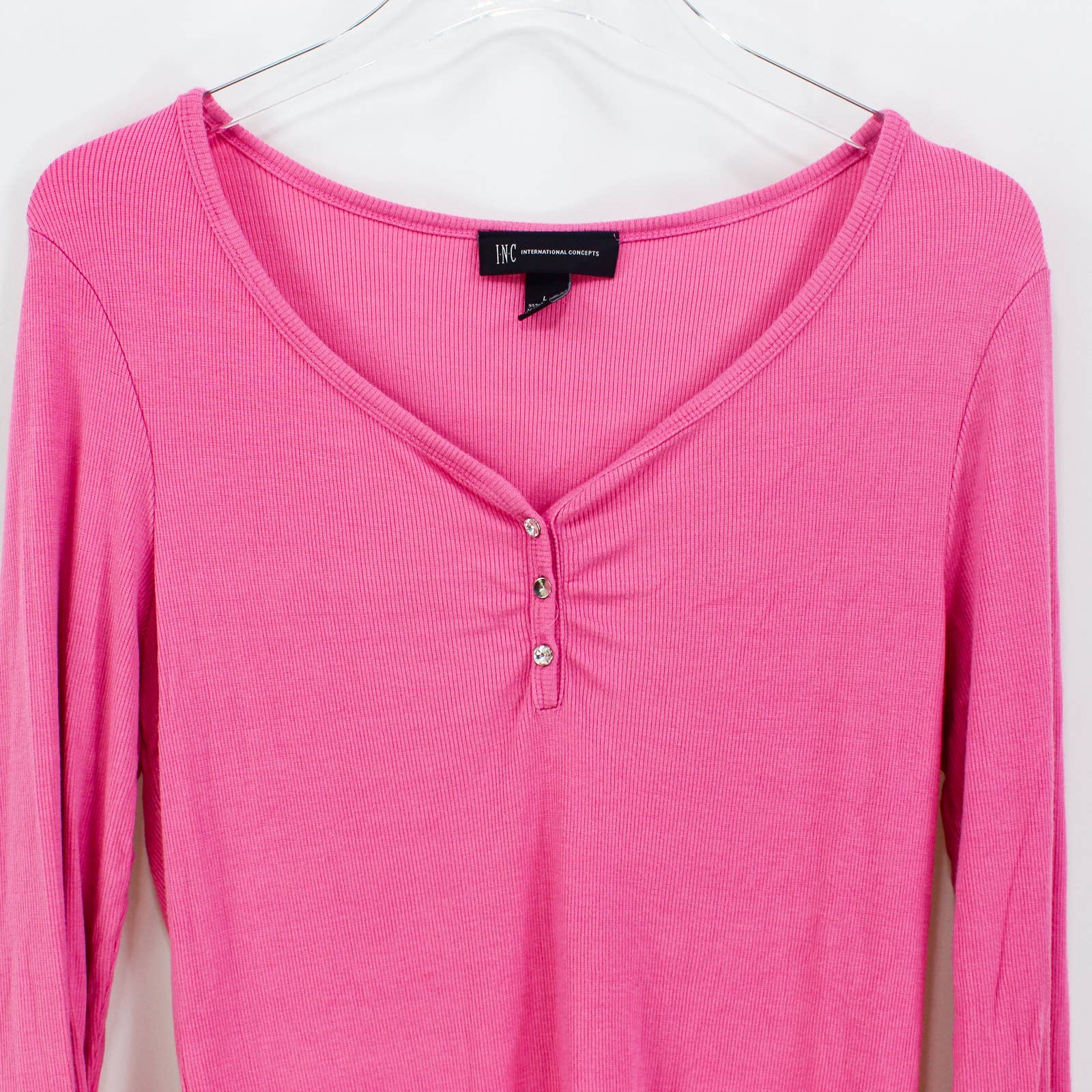 Pink Long Sleeve Vintage 00s Ribbed Henley Blouse by INC International Concepts - Image 5