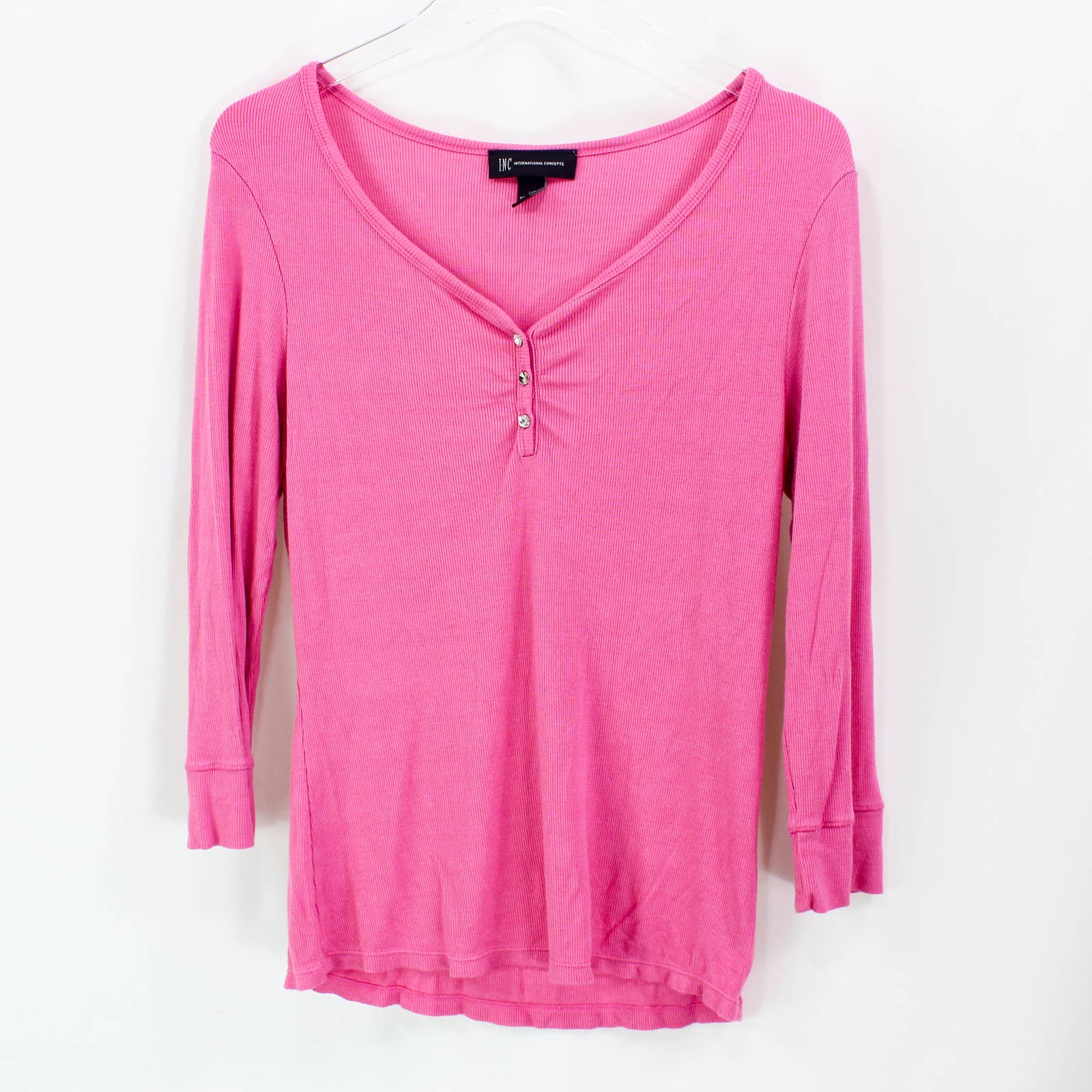 Pink Long Sleeve Vintage 00s Ribbed Henley Blouse by INC International Concepts - Image 7