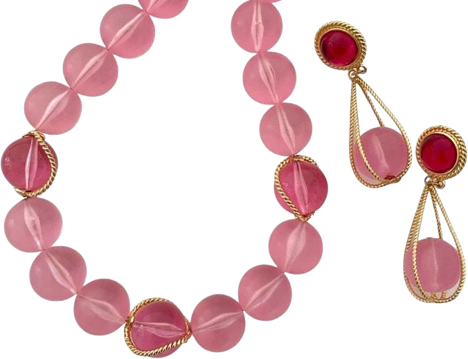 Pink Lucite Bubble Napier Vintage Jewelry Set Statement Necklace and Earrings by Napier