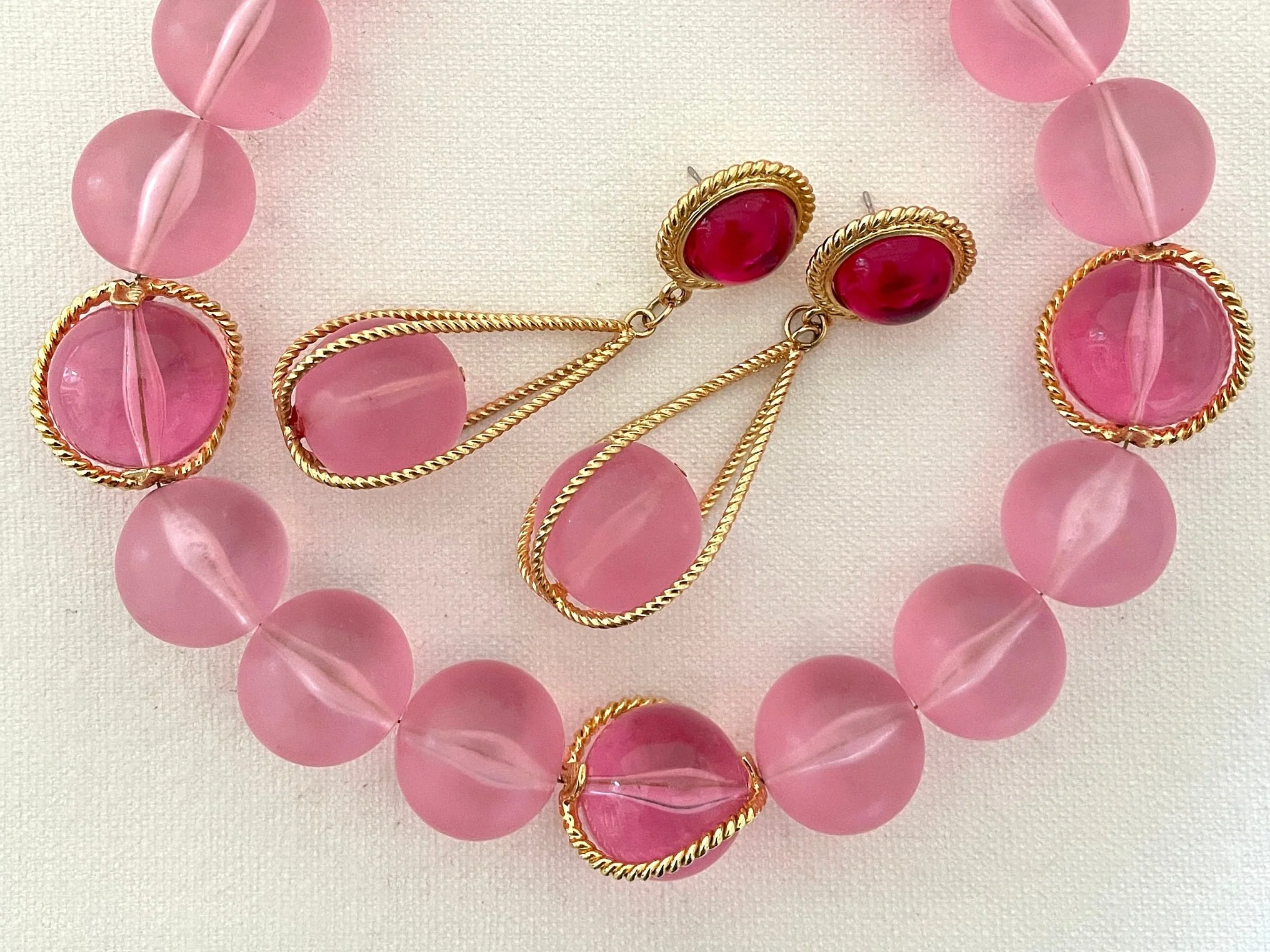 Pink Lucite Bubble Napier Vintage Jewelry Set Statement Necklace and Earrings by Napier - Image 2