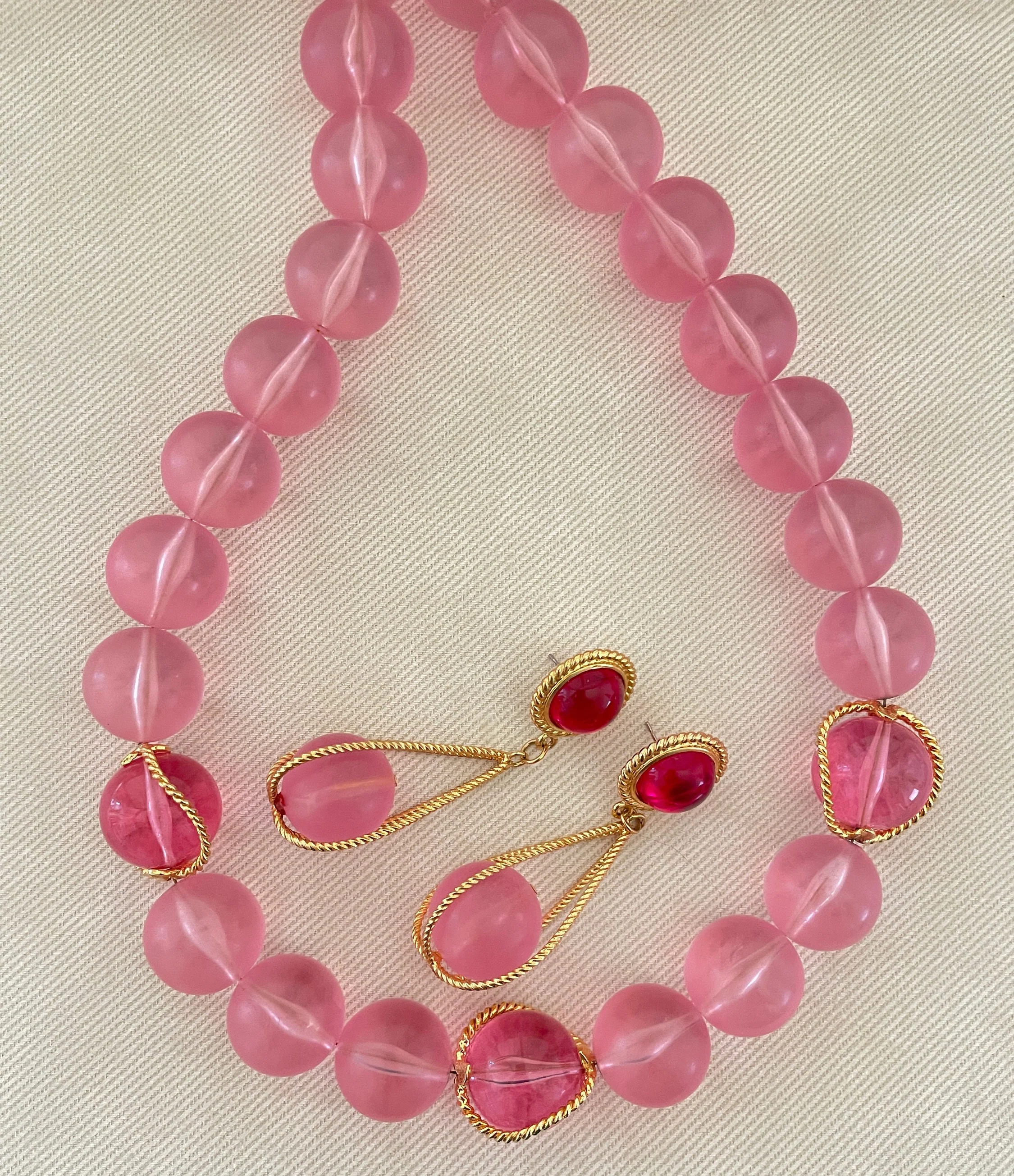 Pink Lucite Bubble Napier Vintage Jewelry Set Statement Necklace and Earrings by Napier - Image 4