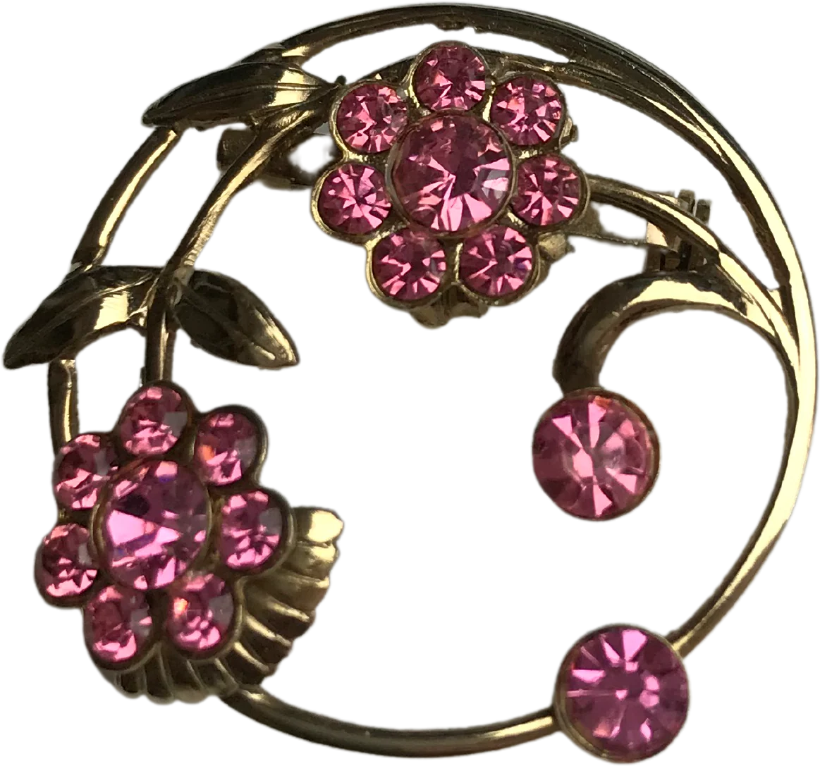 Pink Rhinestone Flowers Round Pin