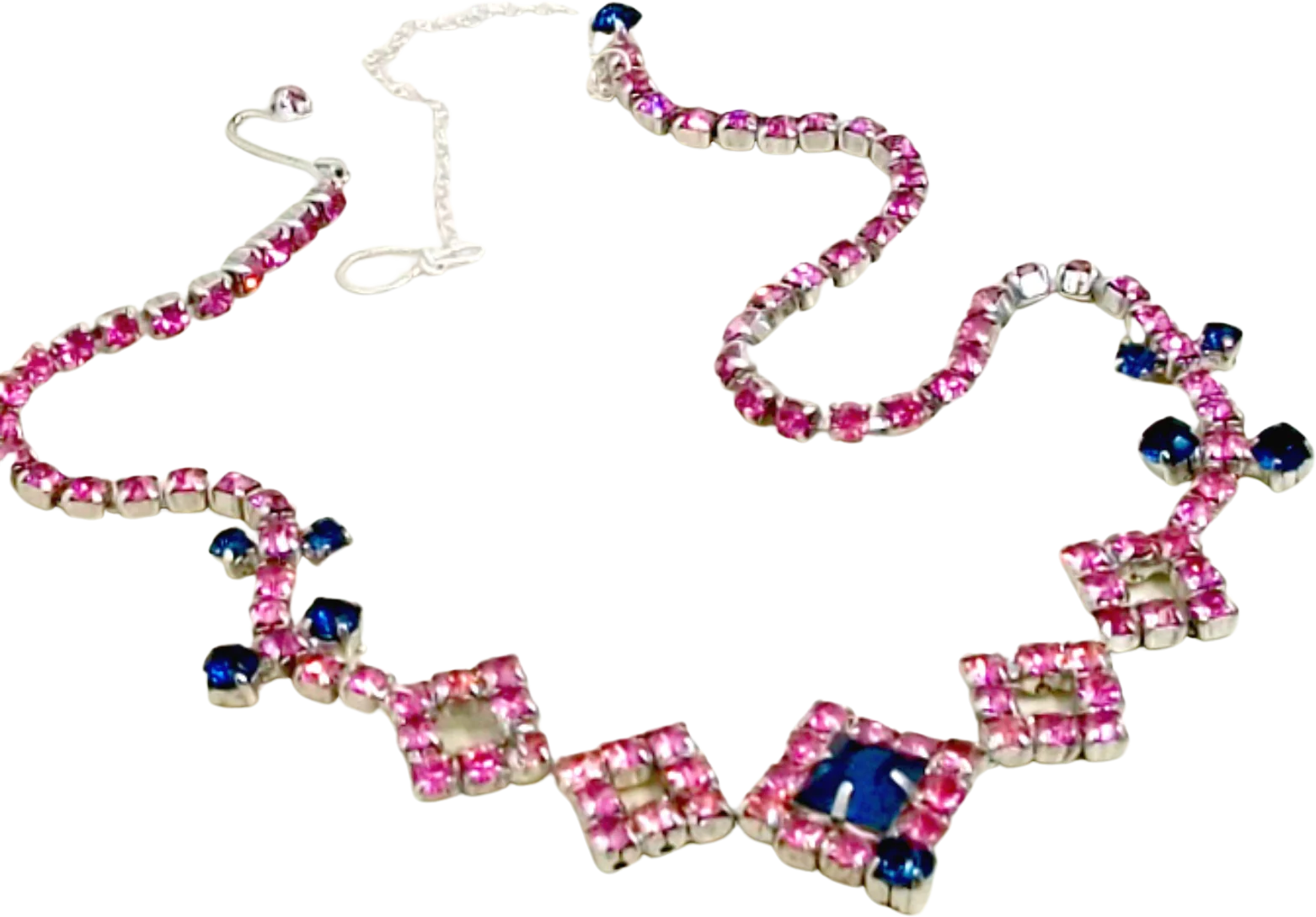 Pink Blue Rhinestone Vintage Necklace Geometric