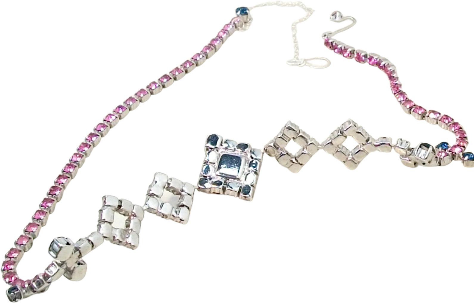 Pink Blue Rhinestone Vintage Necklace Geometric - Image 2