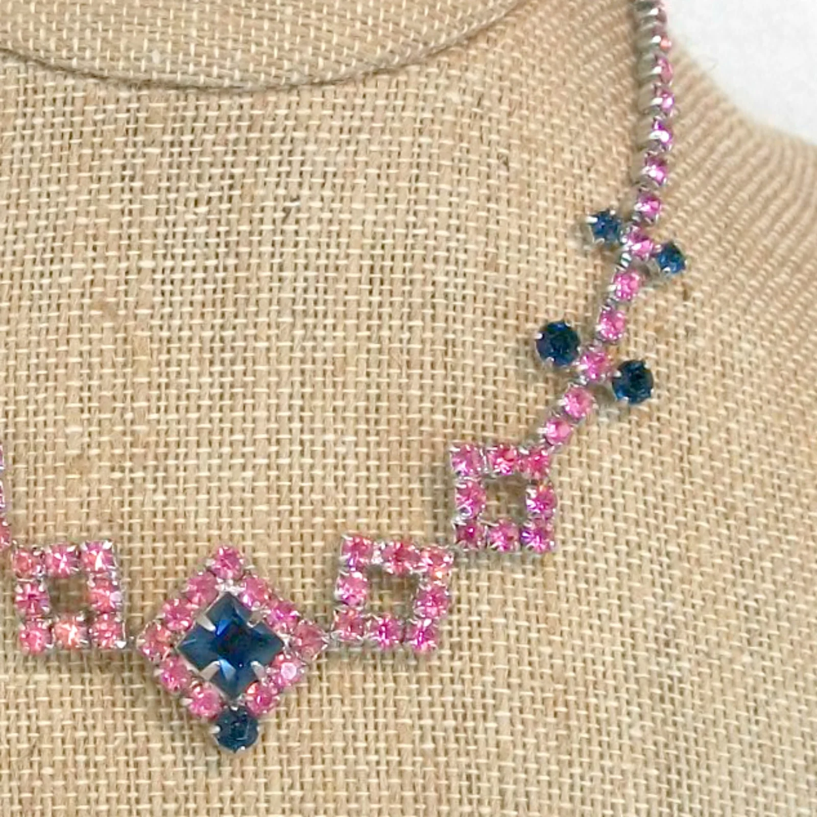 Pink Blue Rhinestone Vintage Necklace Geometric - Image 3