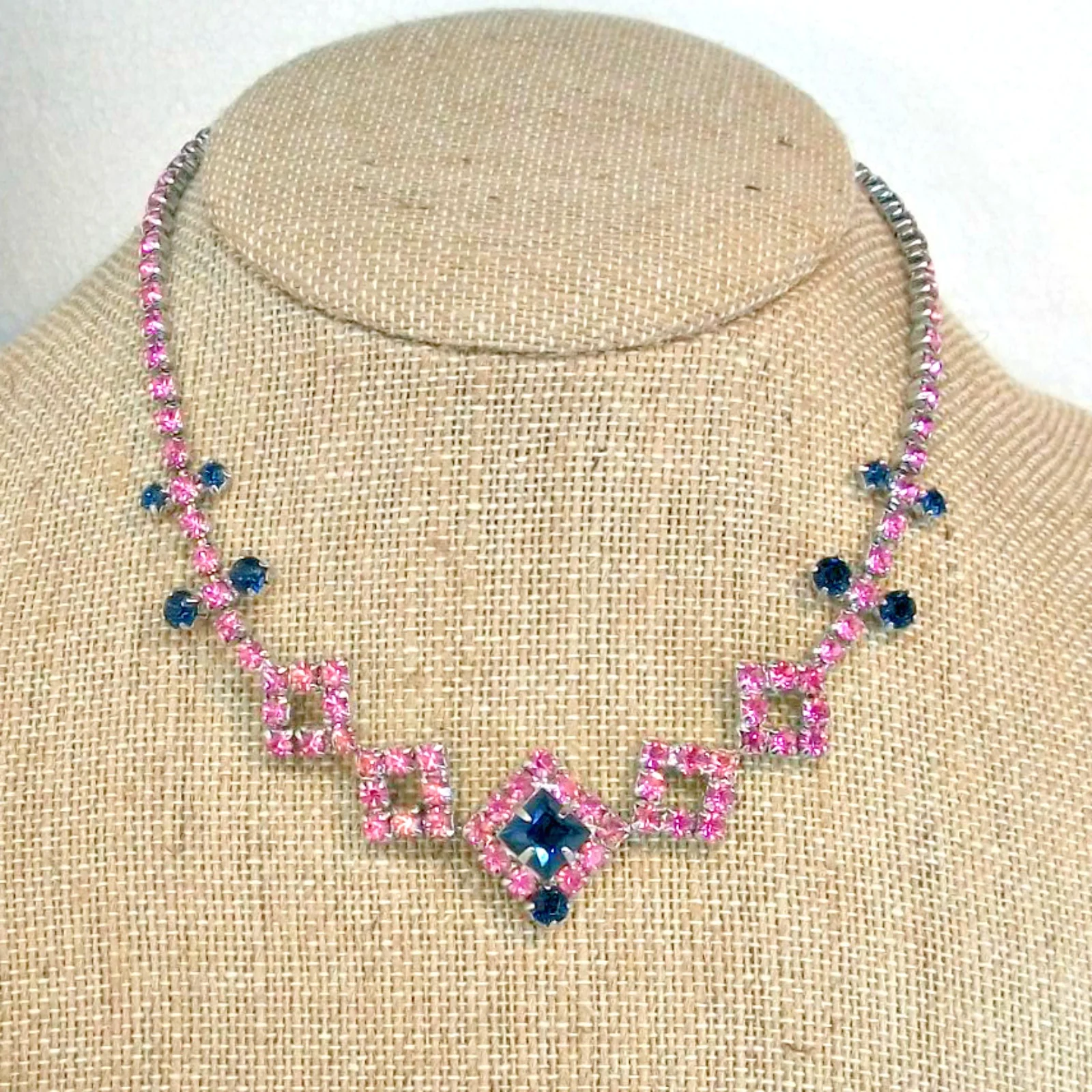 Pink Blue Rhinestone Vintage Necklace Geometric - Image 4