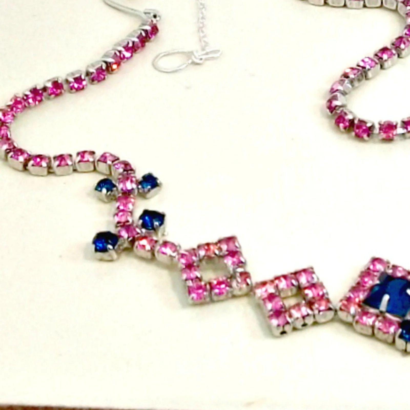 Pink Blue Rhinestone Vintage Necklace Geometric - Image 5
