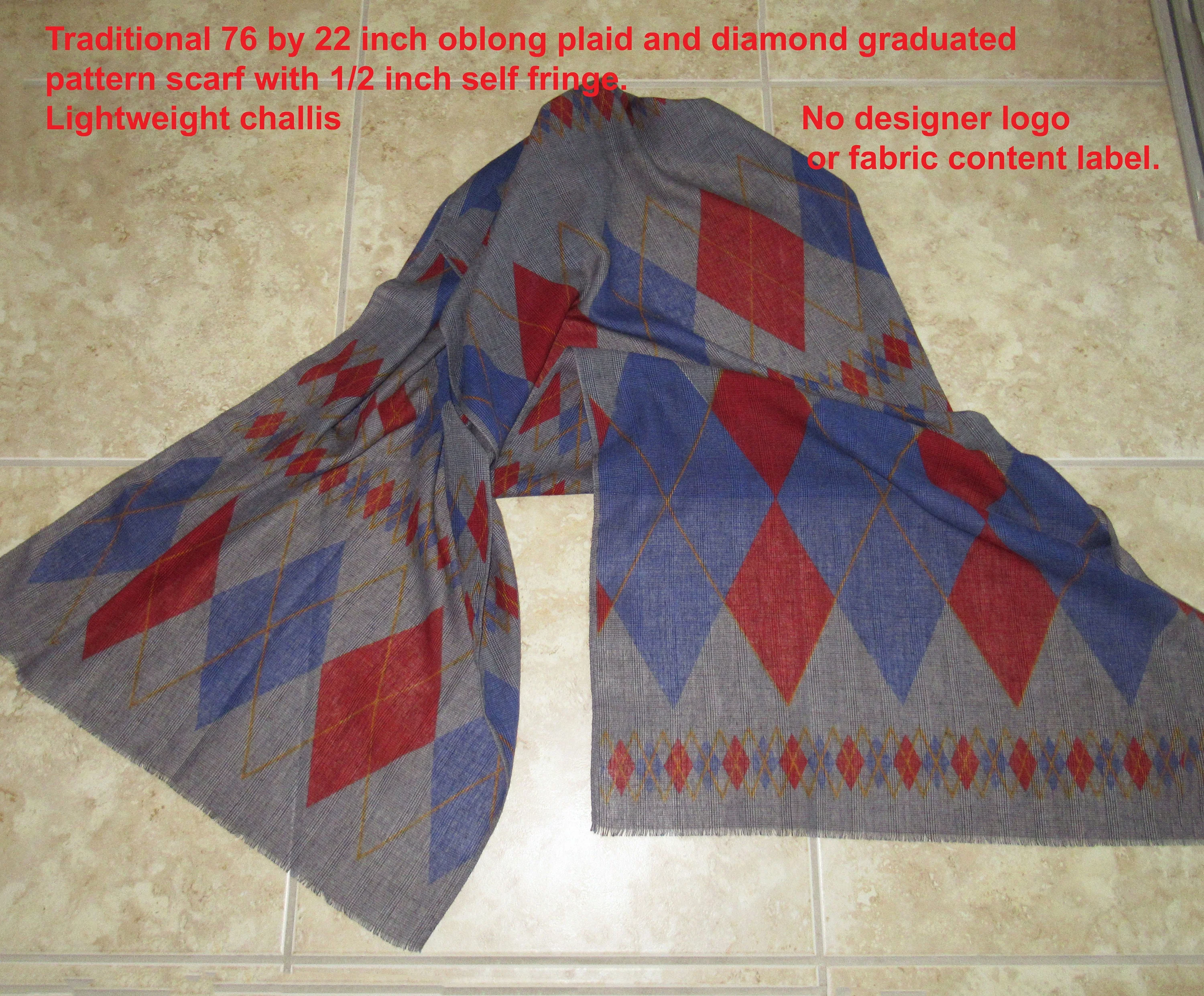 Plaid and Diamond Pattern Scarf Traditional Oblong Self Fringe Blue Red Yellow On Blackwhite Lightweight Challis - Image 3
