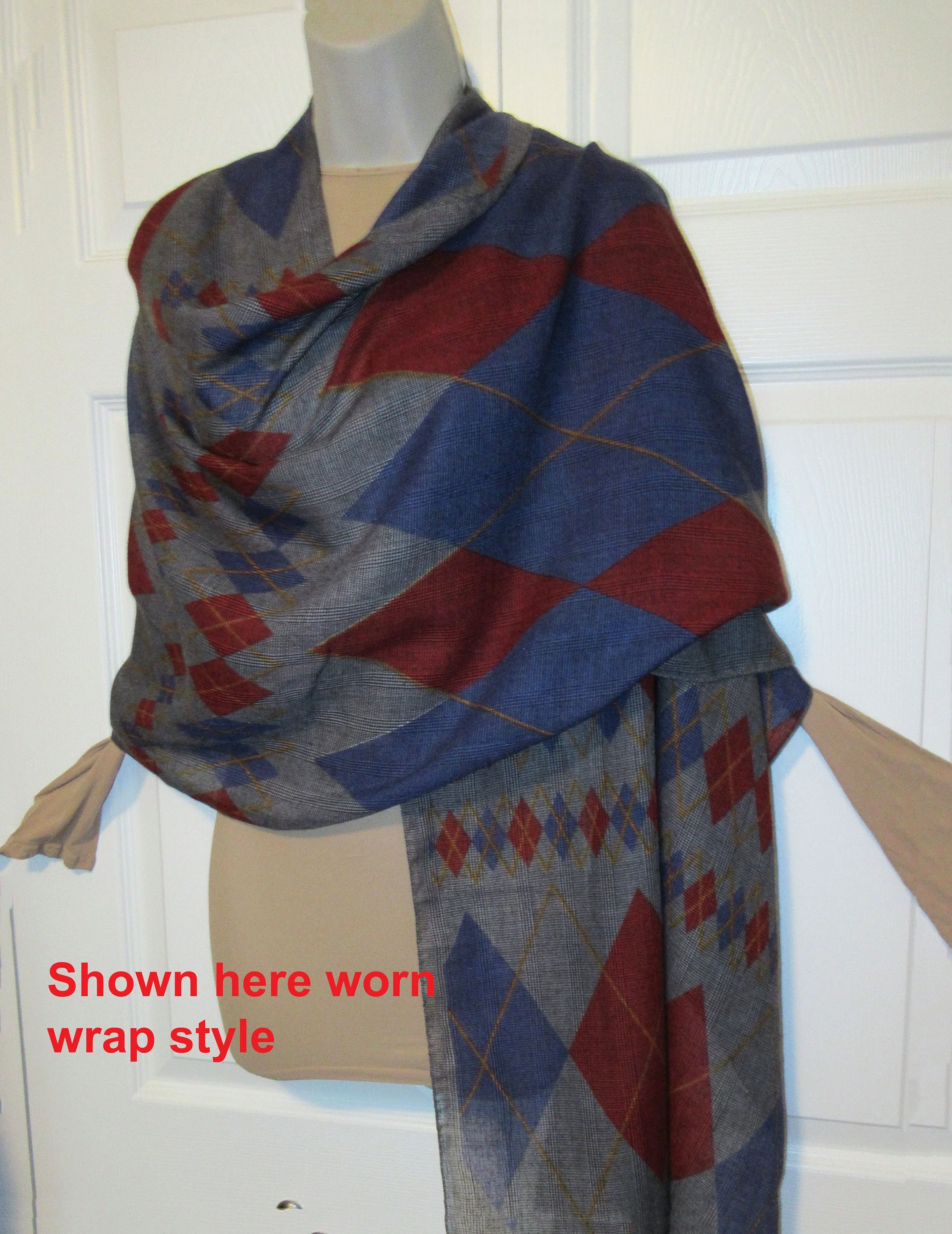 Plaid and Diamond Pattern Scarf Traditional Oblong Self Fringe Blue Red Yellow On Blackwhite Lightweight Challis - Image 5