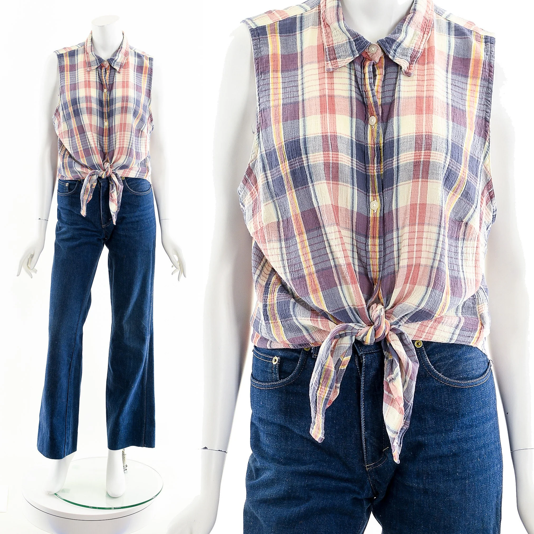 Plaid Sleeveless Button Up Cropped Blouse - Image 2