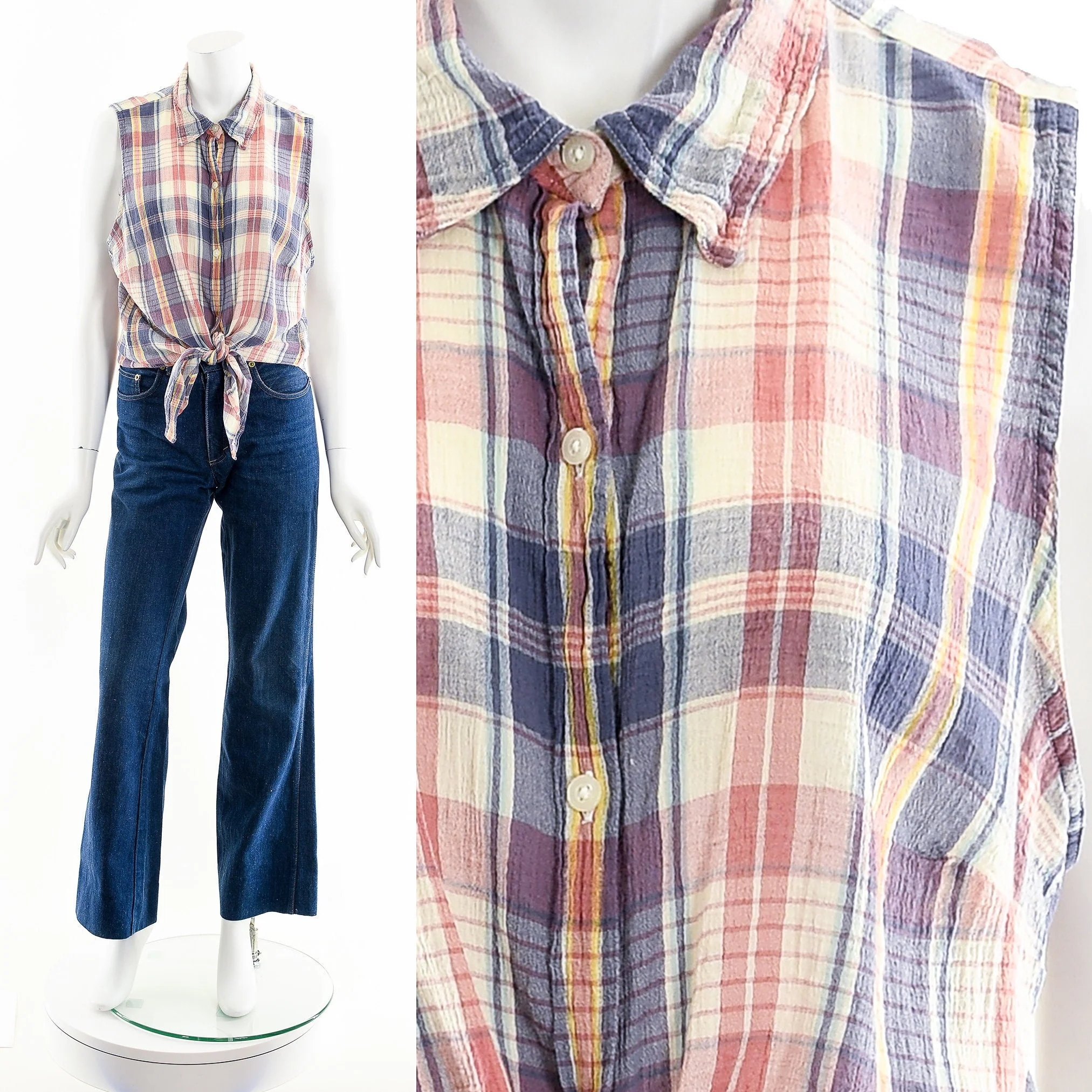 Plaid Sleeveless Button Up Cropped Blouse - Image 3