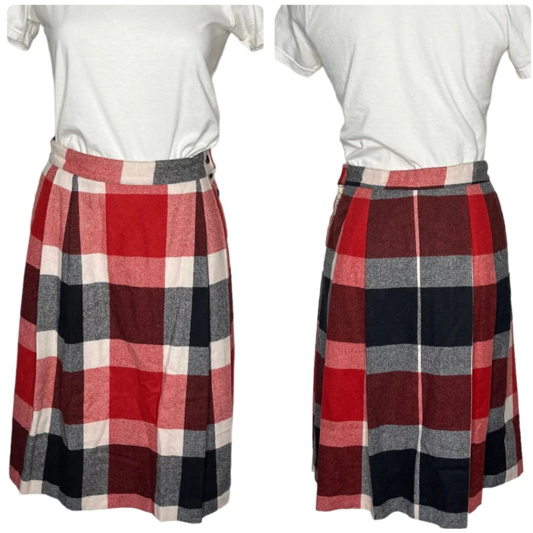 Plaid Wool Blend Skirt Red Black Cream Pleats By Summit Sportwear - Image 7
