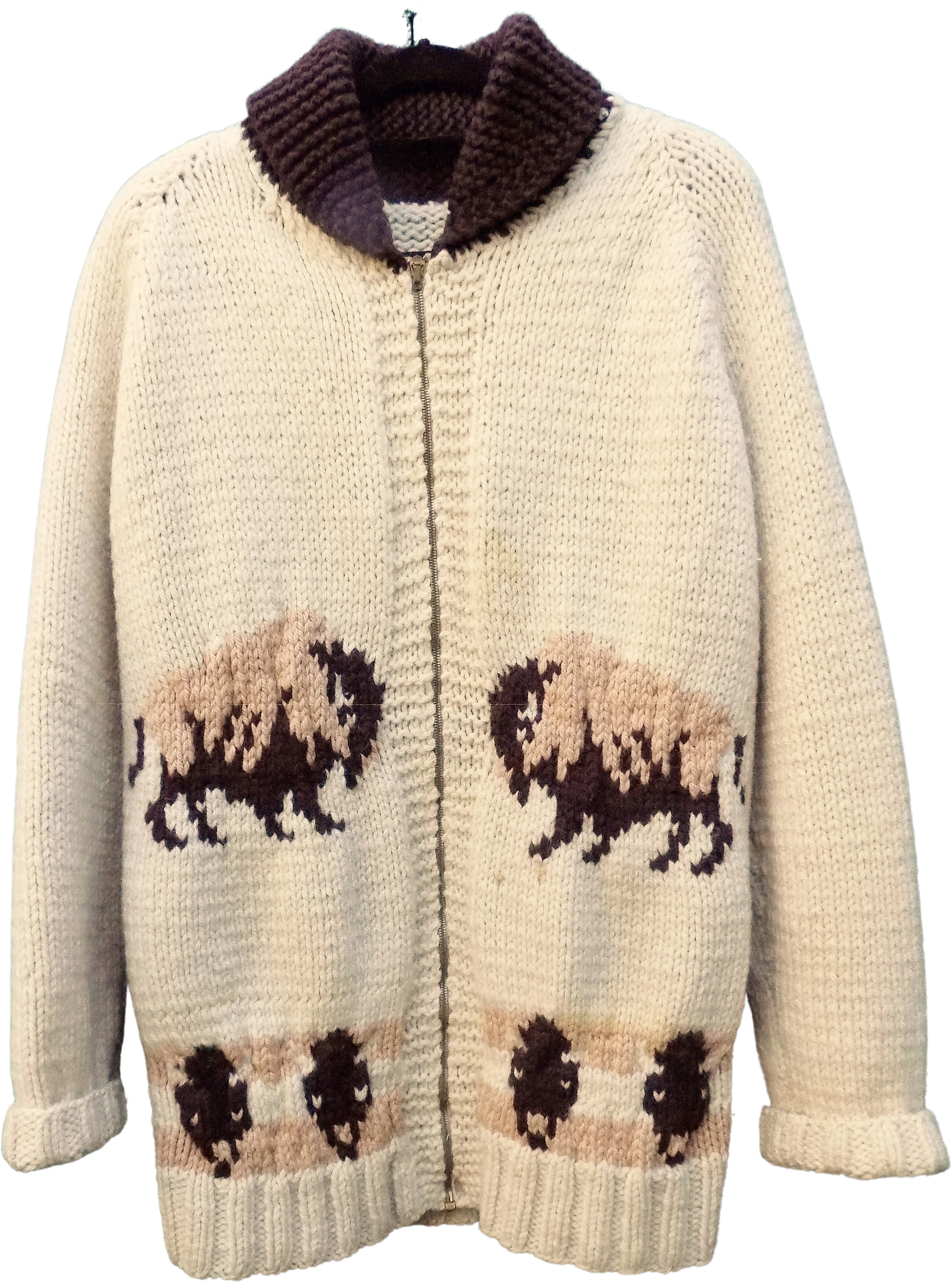 Pre 90s Hand Knitted Cowichan Cardigan with Buffalo "dills" One of a Kind Football Fan Wool Novelty