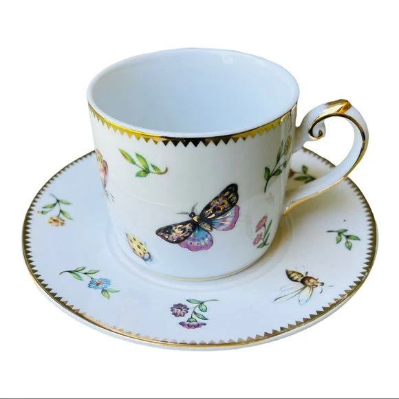 Primavera Pattern Teacup and Saucer Plate Gold Trim Butterfly by I Godinger & Co - Image 3