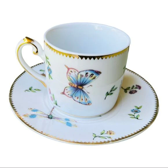 Primavera Pattern Teacup and Saucer Plate Gold Trim Butterfly by I Godinger & Co - Image 4