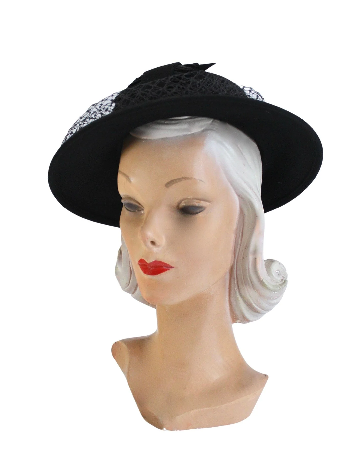 Pristine 40s Bold Black Felt Picture Hat with Veil - Image 5