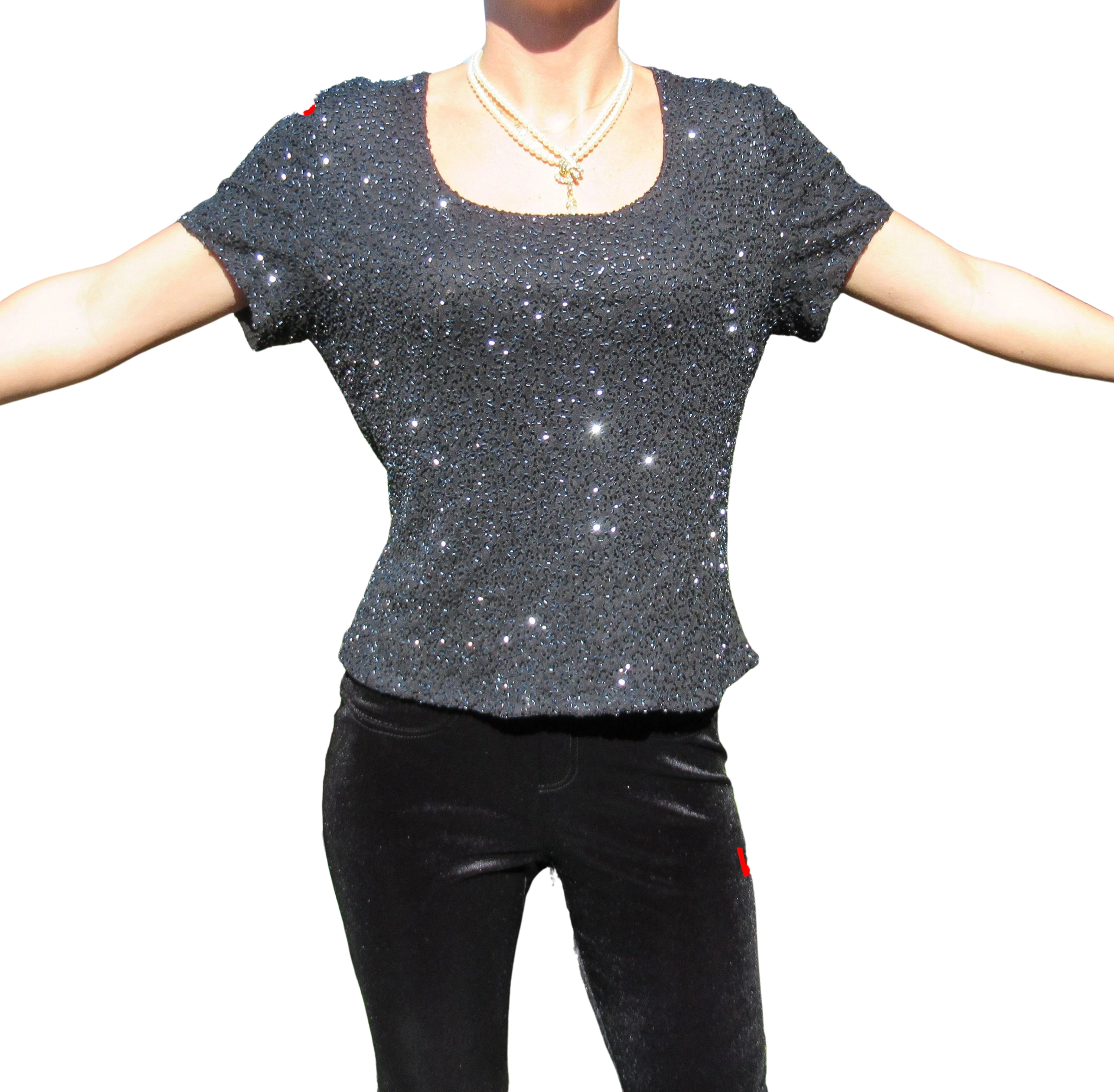 Pullover Blouse Lawrence Kazar Paris Ny Black Beaded Cap Sleeve Event-Ready Made In India Polyester Lined Vintage by Lawrence Kazar