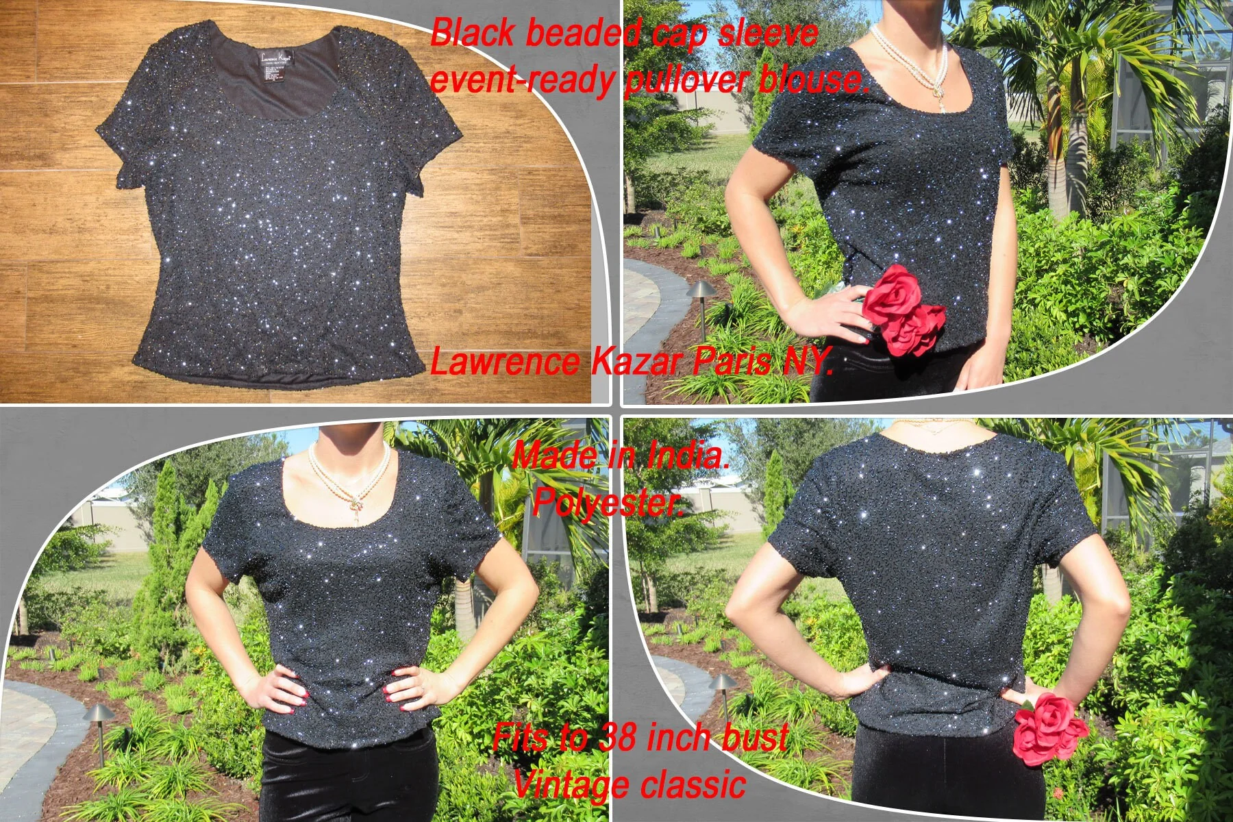Pullover Blouse Lawrence Kazar Paris Ny Black Beaded Cap Sleeve Event-Ready Made In India Polyester Lined Vintage by Lawrence Kazar - Image 2