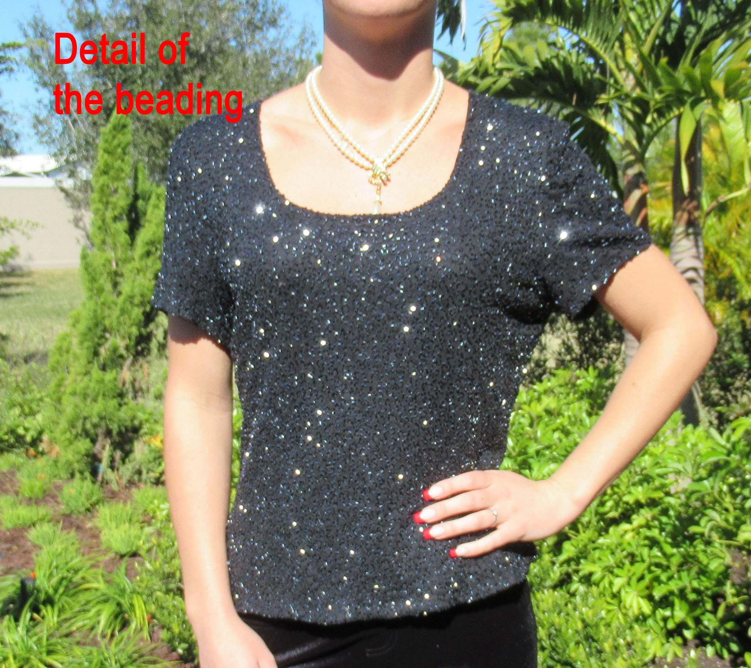 Pullover Blouse Lawrence Kazar Paris Ny Black Beaded Cap Sleeve Event-Ready Made In India Polyester Lined Vintage by Lawrence Kazar - Image 4
