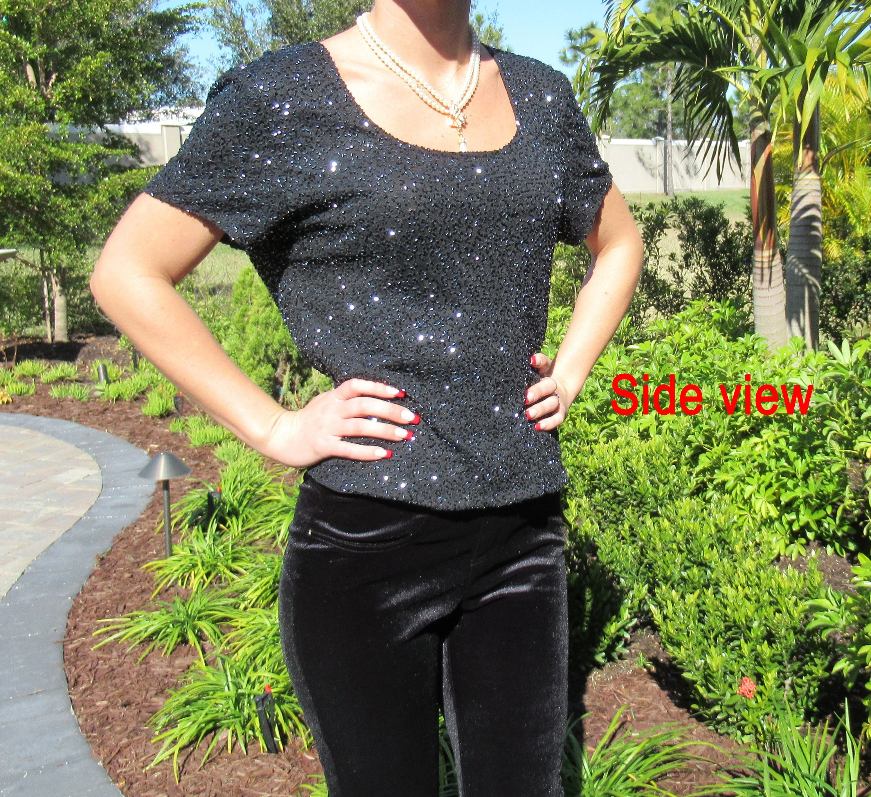 Pullover Blouse Lawrence Kazar Paris Ny Black Beaded Cap Sleeve Event-Ready Made In India Polyester Lined Vintage by Lawrence Kazar - Image 5